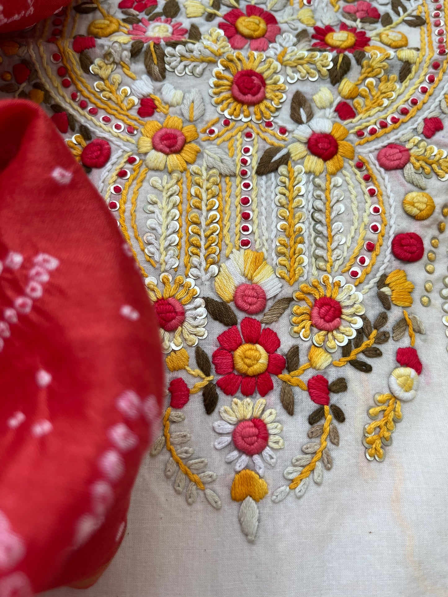 Handwoven Cotton knot work embroidered kurta bandhani dupatta and plain bottom fabric