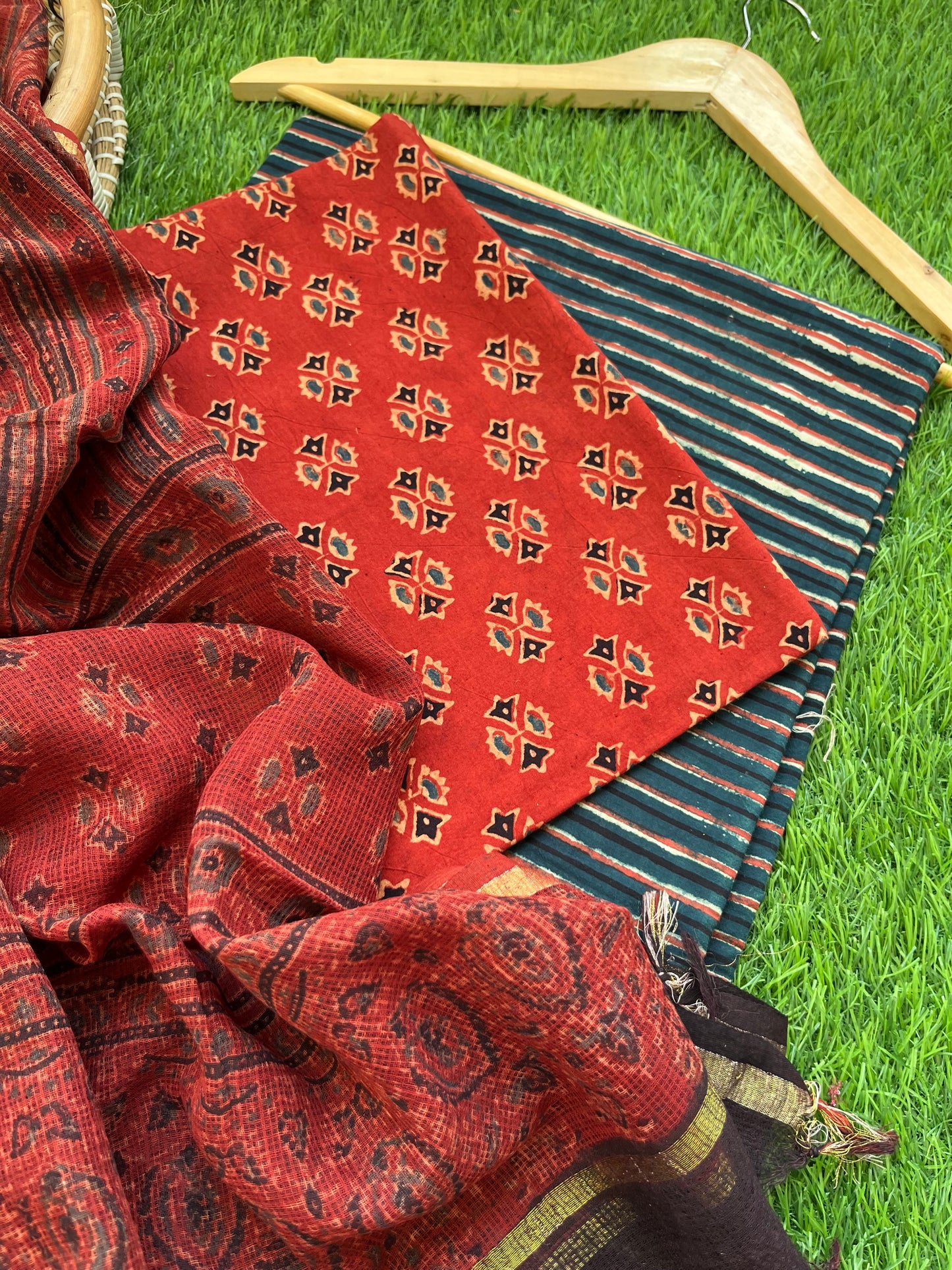 Ajrakh cotton Kurta bottom and kota doria dupatta