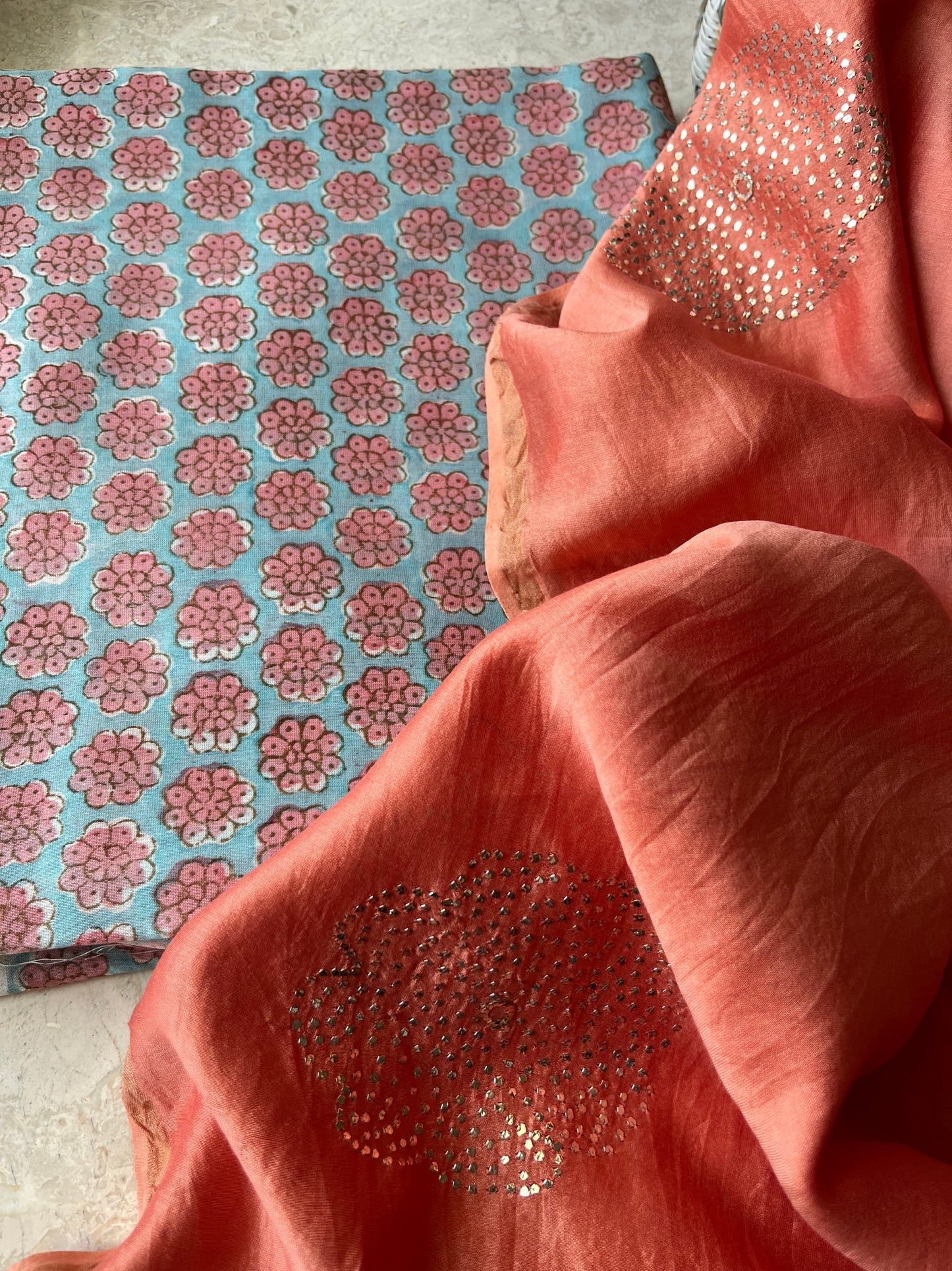 Chanderi Mukaish work Dupatta block print chanderi kurta fabric