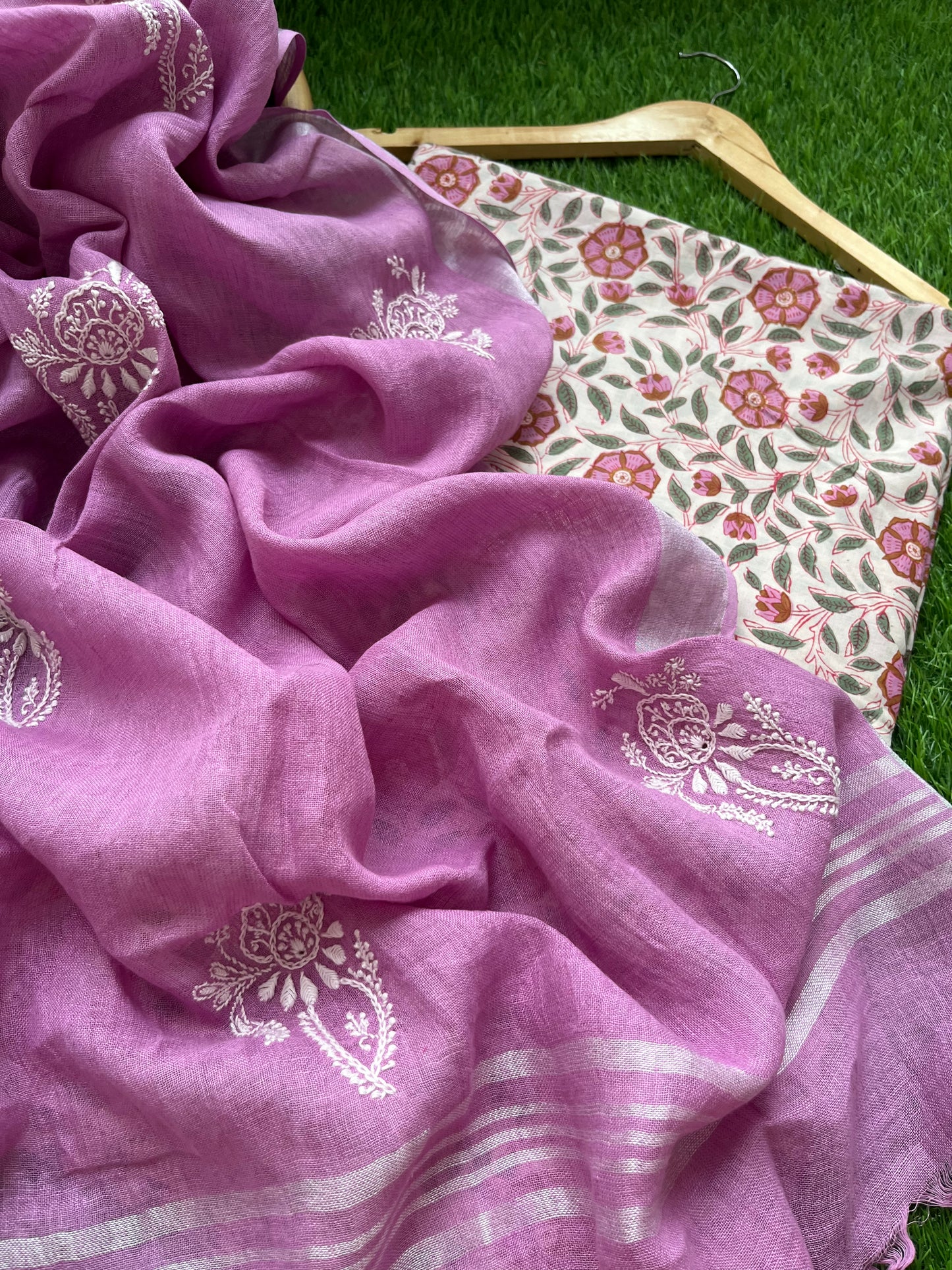 Cotton print kurta bottom fabric linen chikan work dupatta