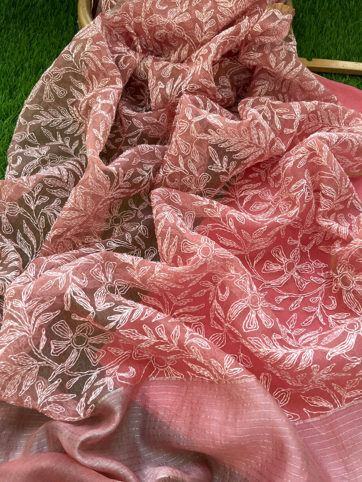 त्योहार - chanderi kurta bottom fabric organza chikan work dupatta