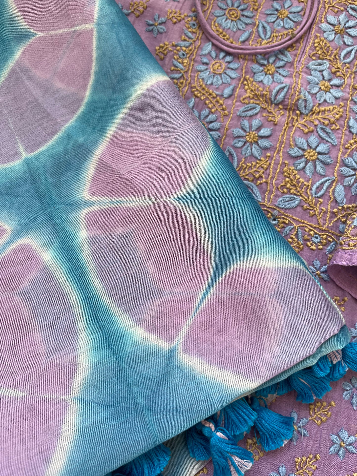 Chanderi Chikankari Kurta clamp dye Dupatta