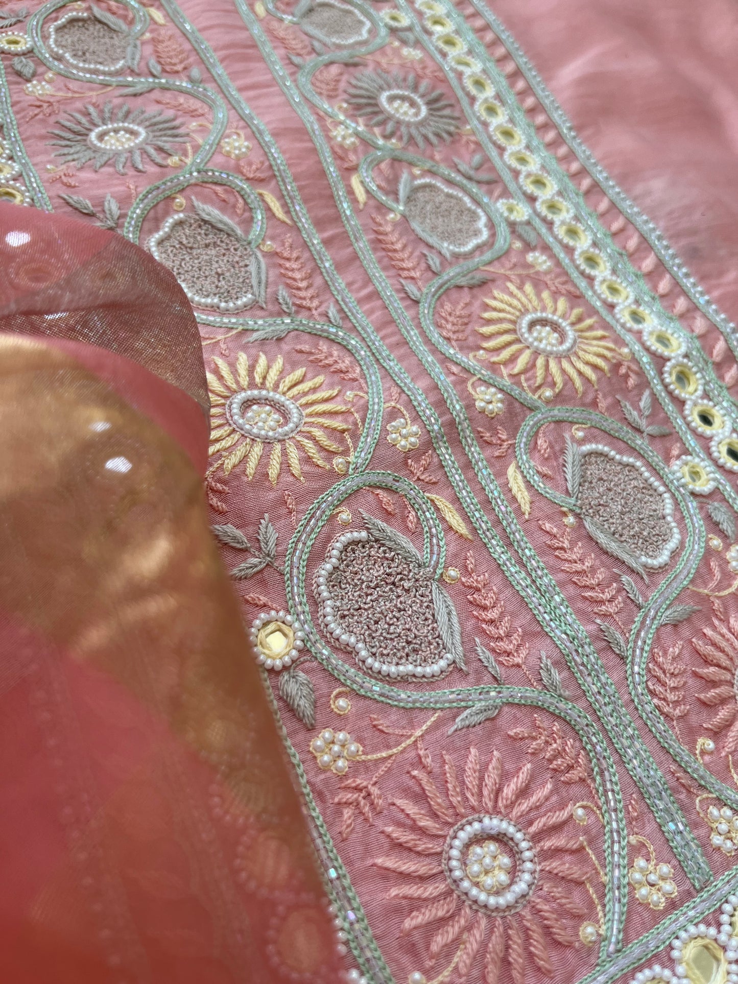 त्योहार :organza Dupatta with chanderi hand embroidered kurta bottom Fabric