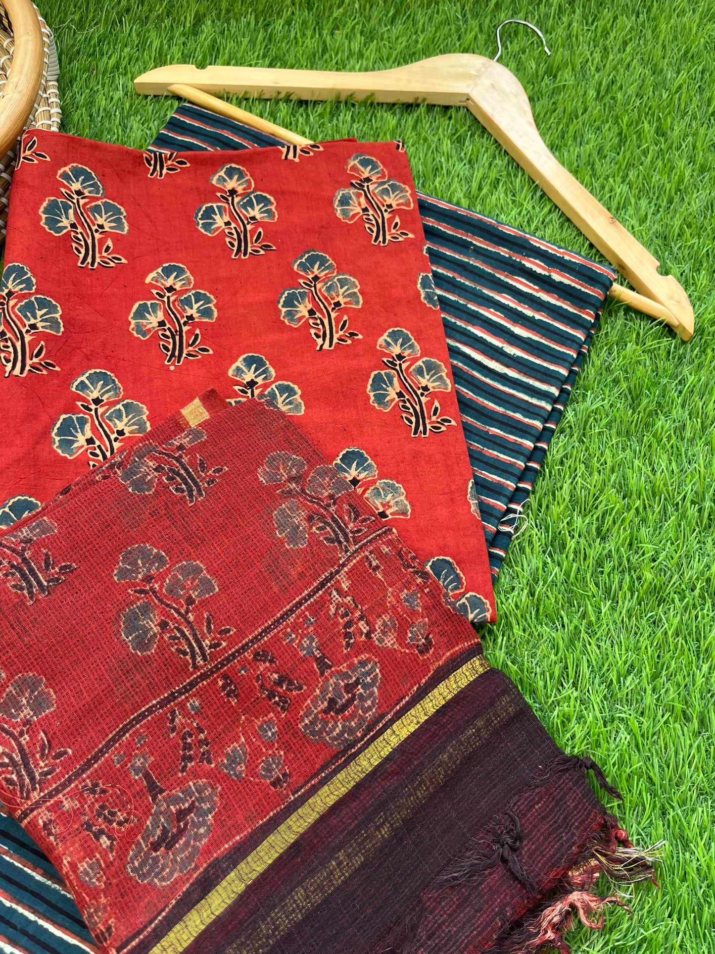 Ajrakh cotton Kurta bottom and kota doria dupatta