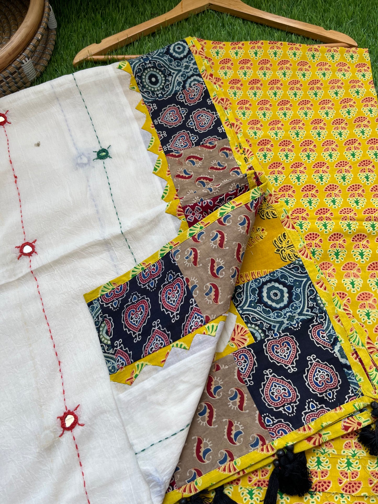Cotton ajrakh kurta applique Mirror work dupatta set
