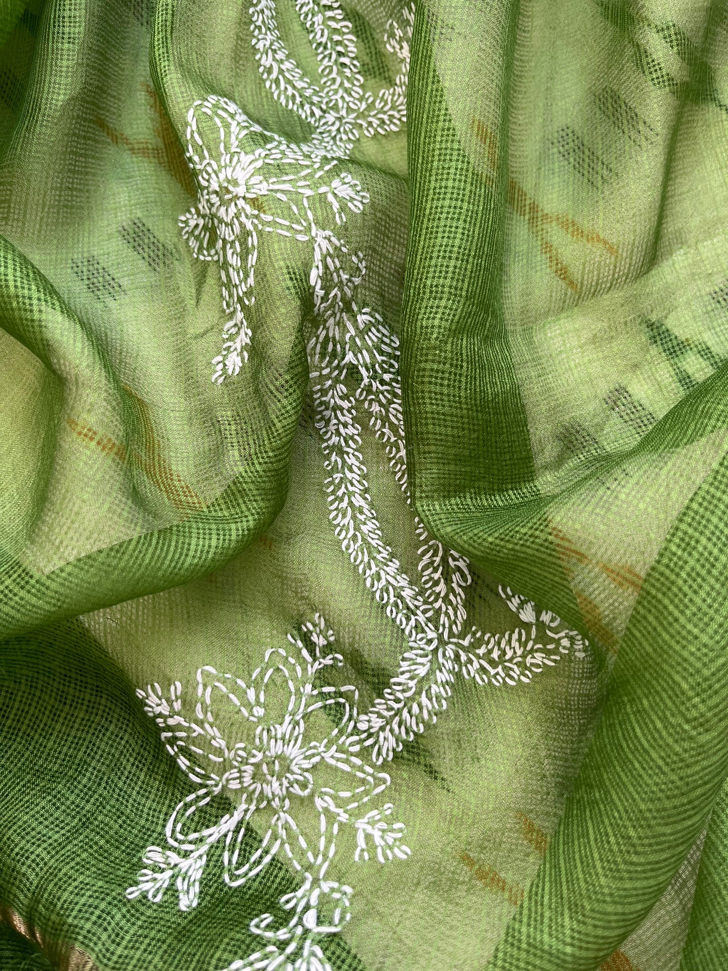 Kota silk Chikankari Dupatta with cotton ikkat kurta Fabric