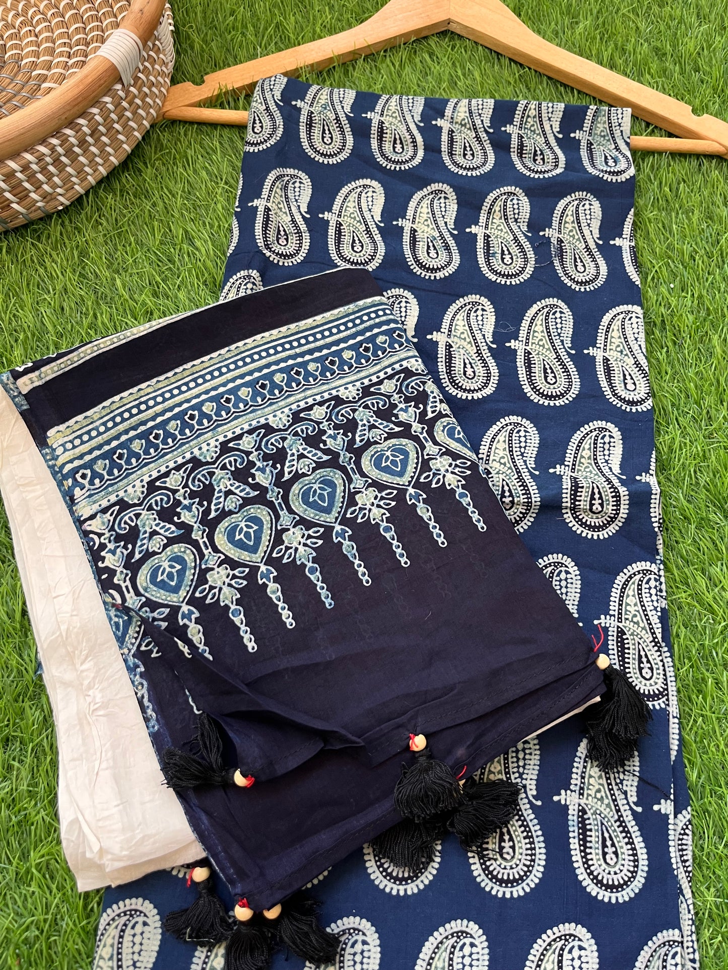 Cotton ajrakh kurta applique work dupatta set