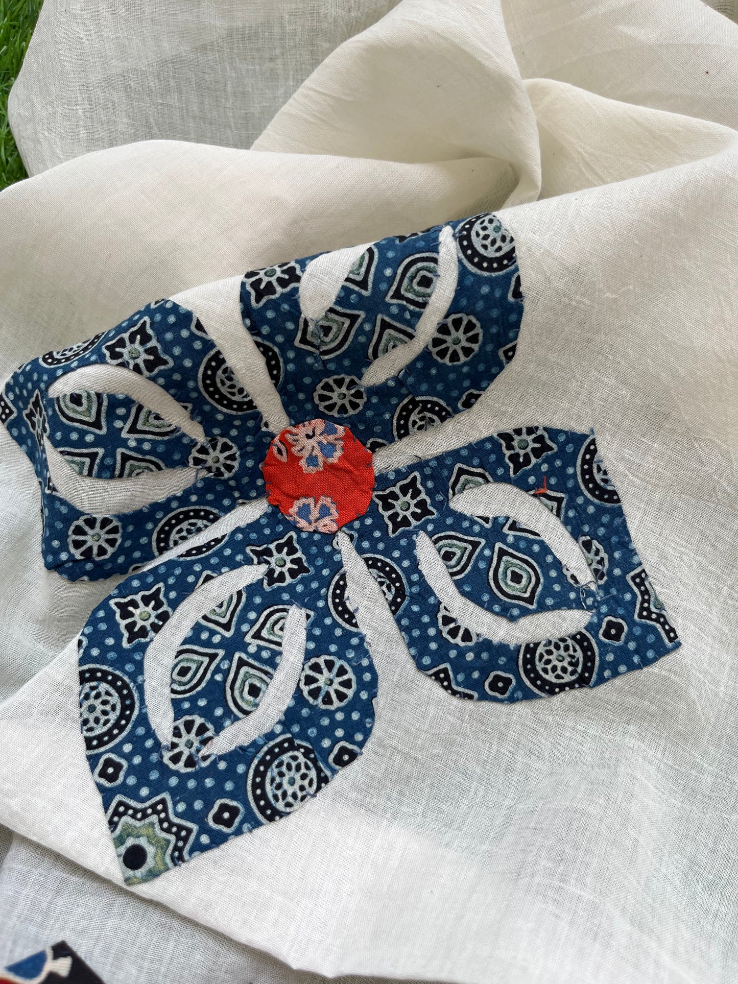 Cotton ajrakh kurta applique work dupatta set