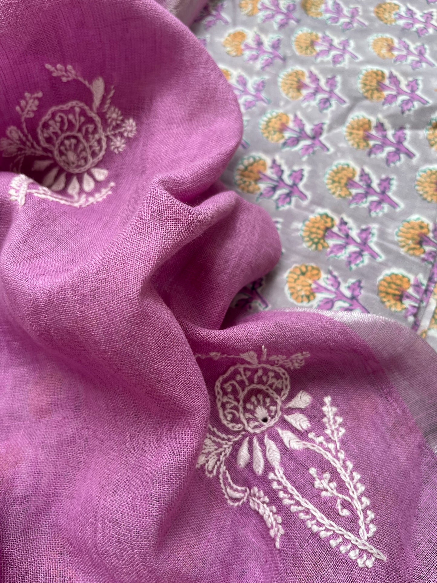 Cotton print kurta bottom fabric linen chikan work dupatta