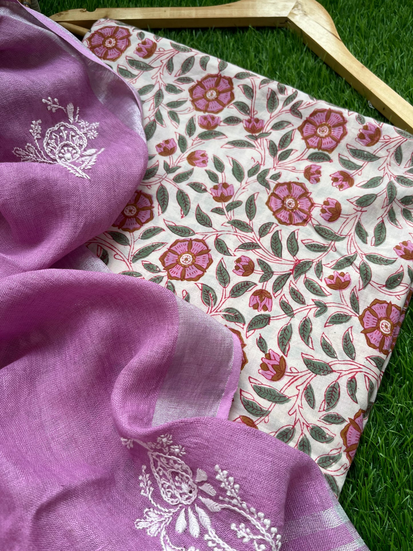 Cotton print kurta bottom fabric linen chikan work dupatta