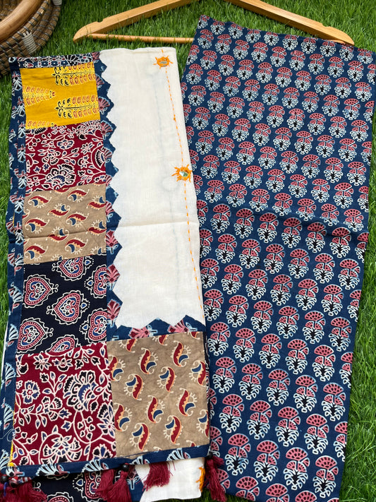 Cotton ajrakh kurta applique Mirror work dupatta set