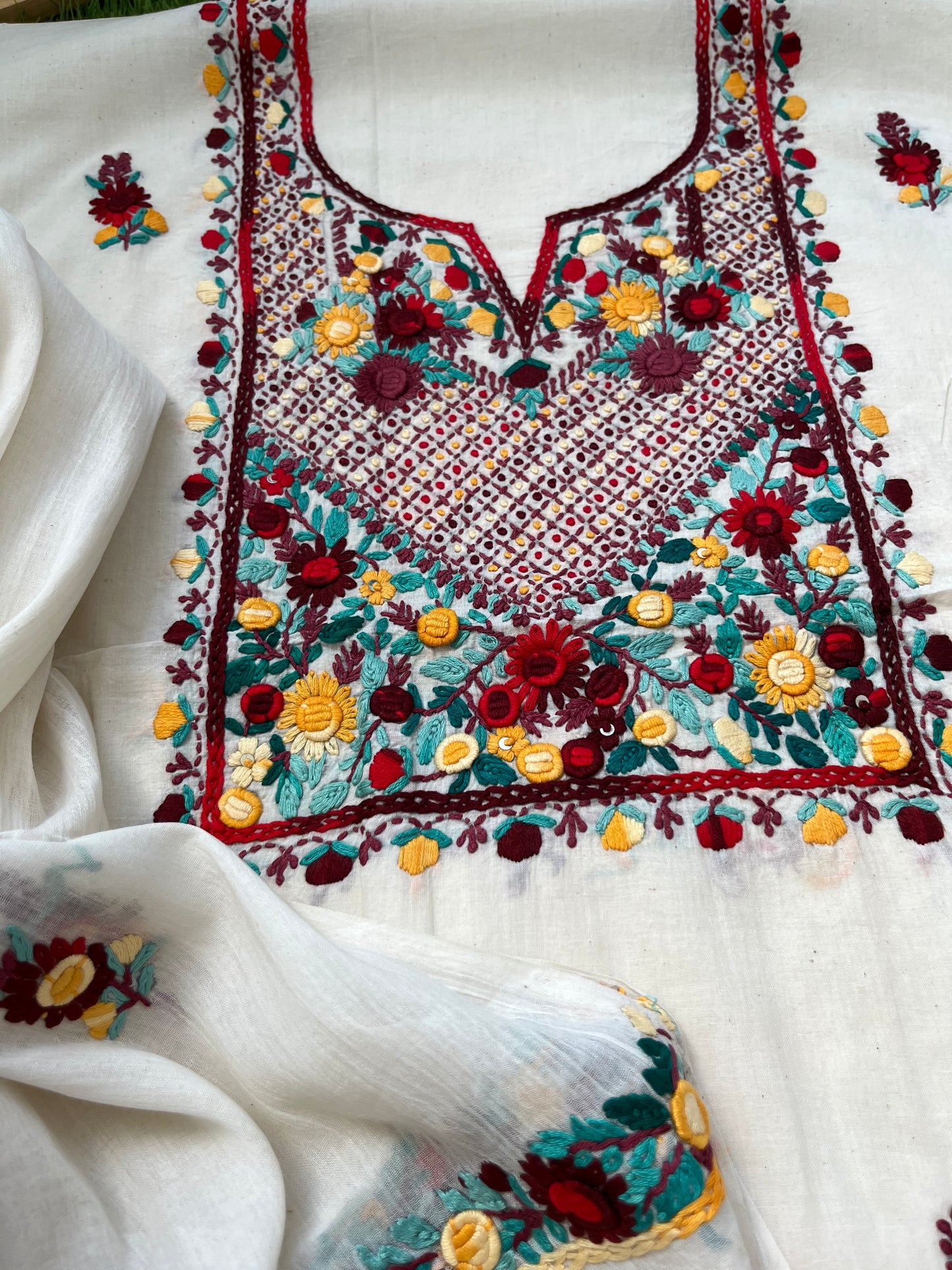 Handwoven Cotton knot work embroidered kurta dupatta and plain bottom fabric