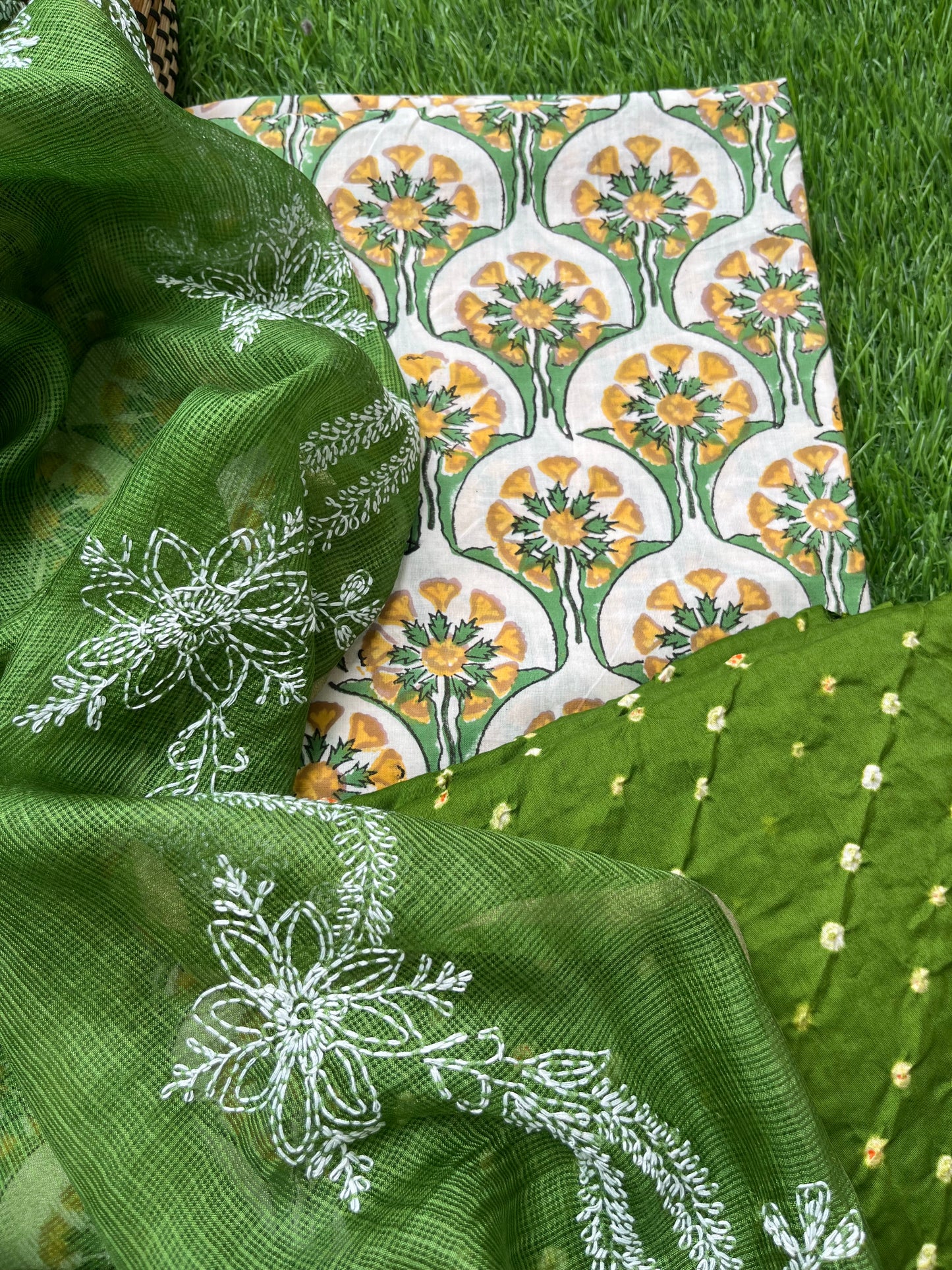 Chikankari kota silk Dupatta and block print kurta bandhani bottom Fabric