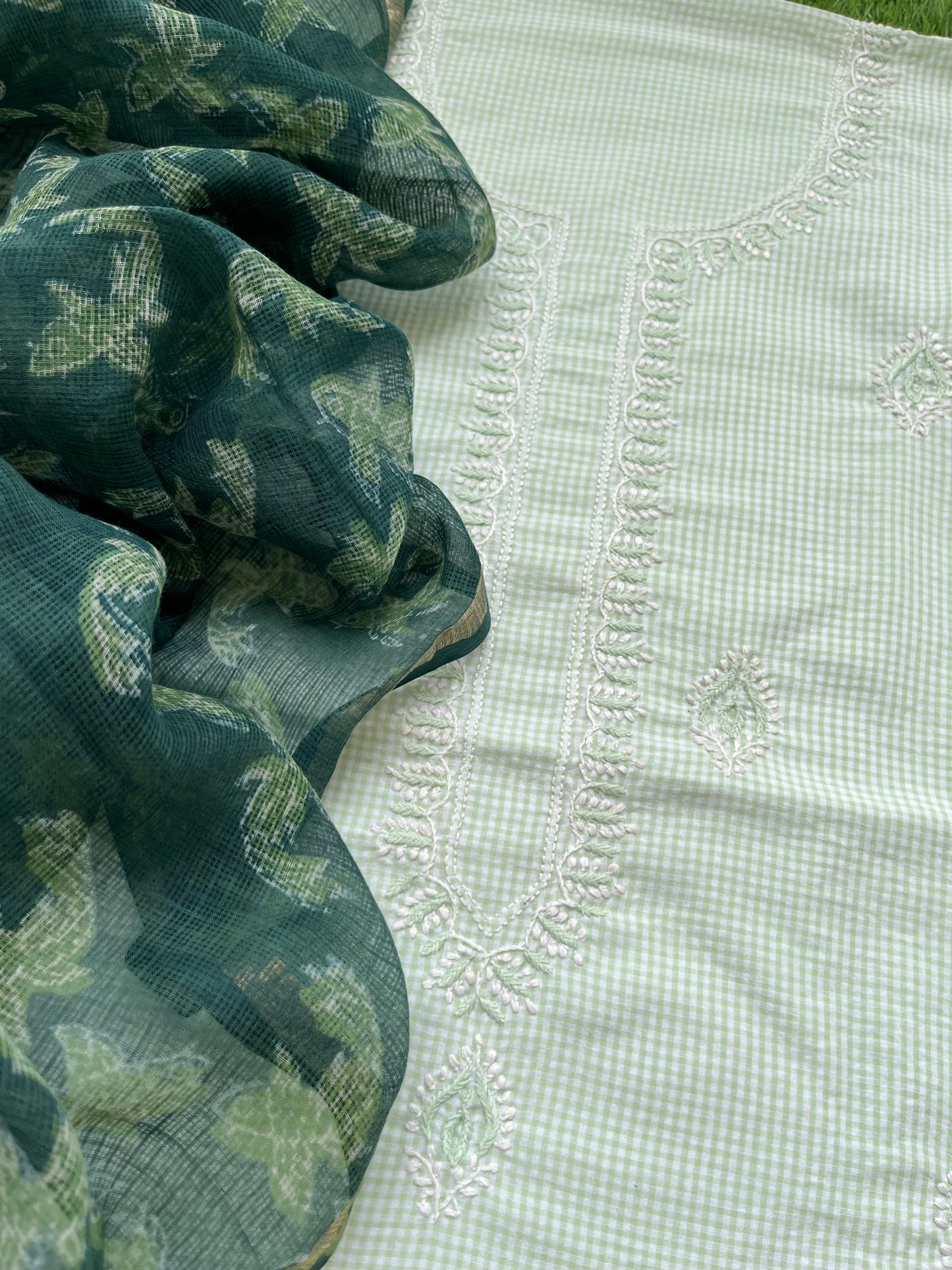 Cotton chikan kurta kota doria dupatta