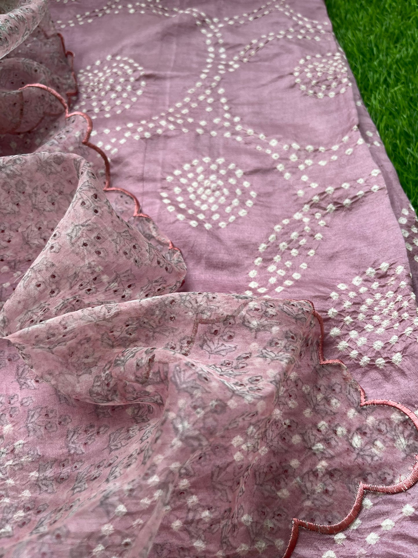 Mulberry Silk bandhani kurta organza block print dupatta