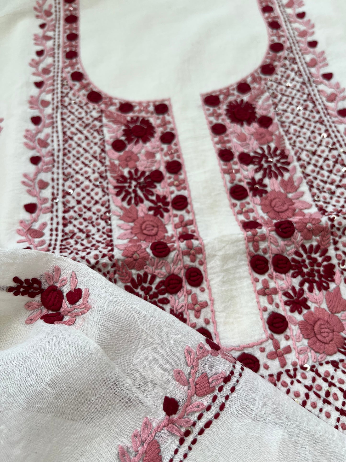 Handwoven Cotton knot work embroidered kurta dupatta and plain bottom fabric