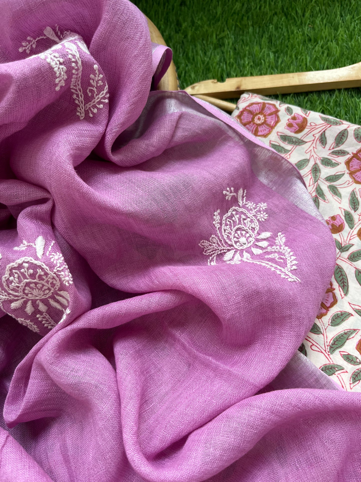 Cotton print kurta bottom fabric linen chikan work dupatta