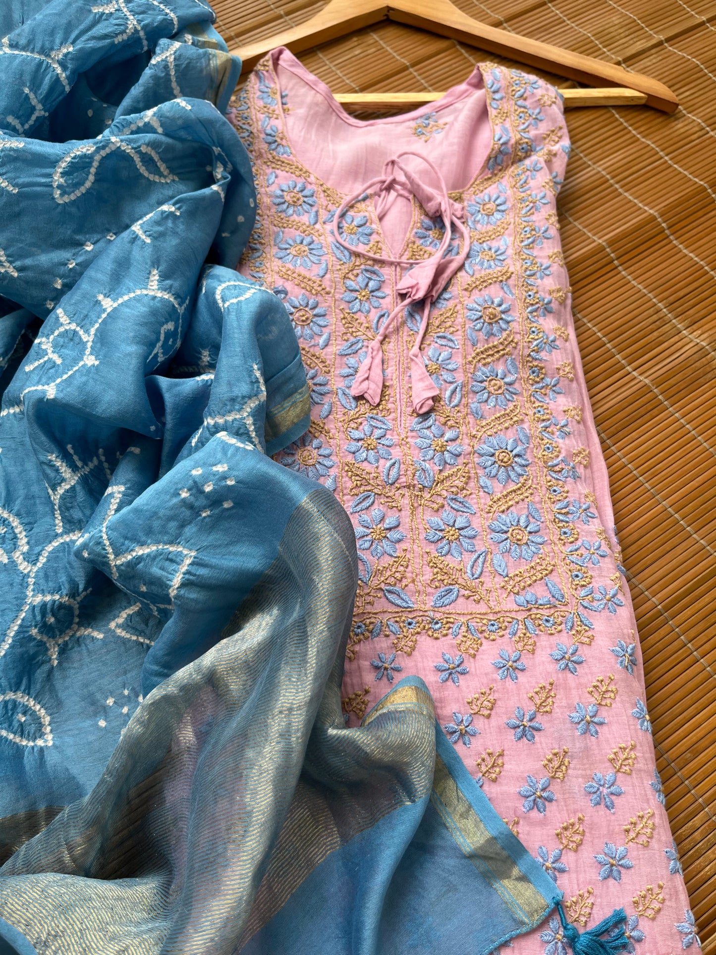 Chanderi Chikankari Kurta bandhani Dupatta