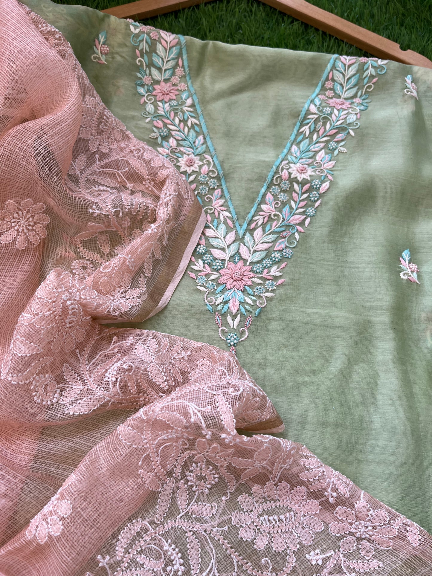 Hand embroidered chanderi kurta kota silk chikan work dupatta