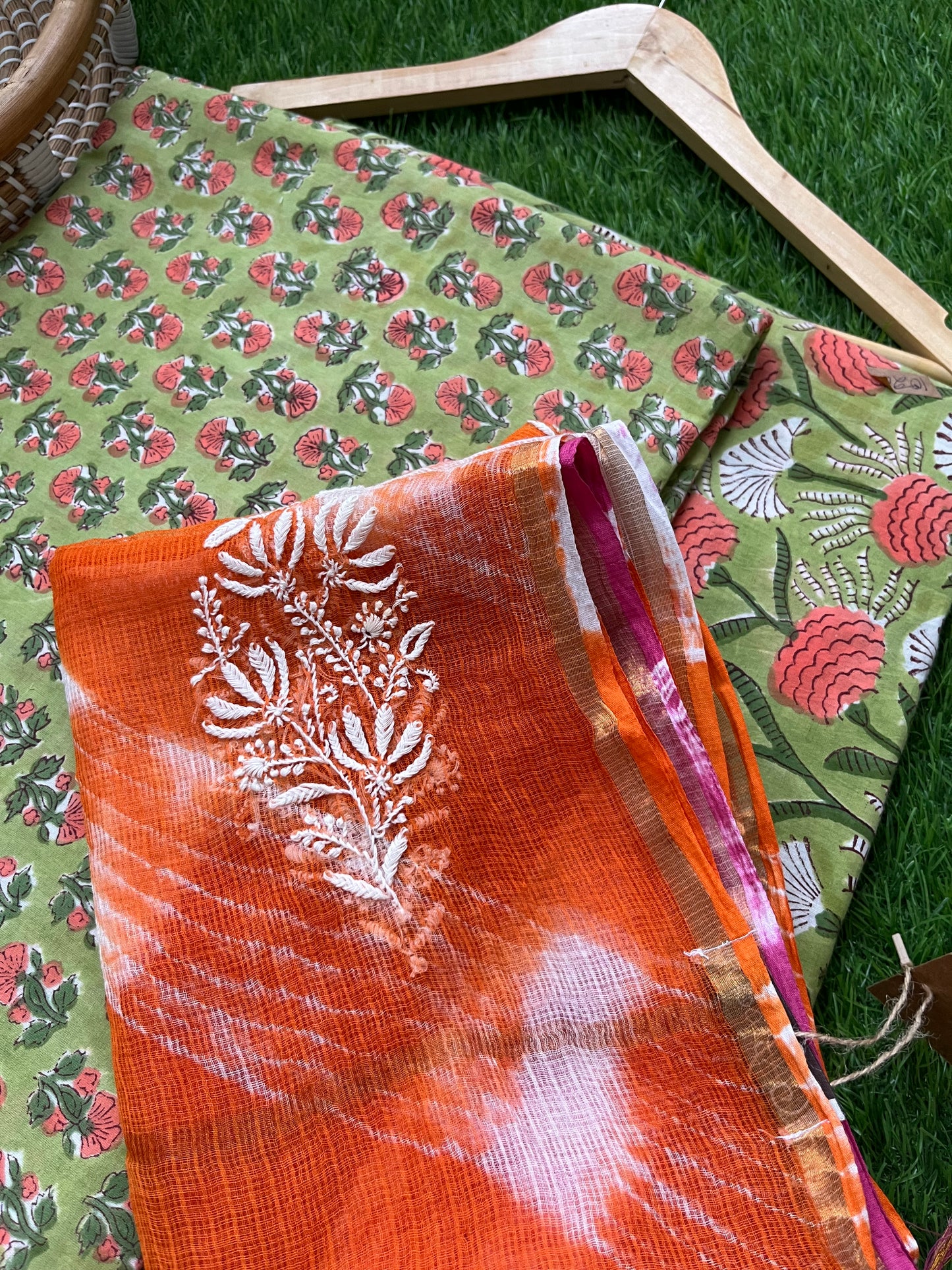 Kota doria Chikankari Dupatta with print kurta bottom Fabric