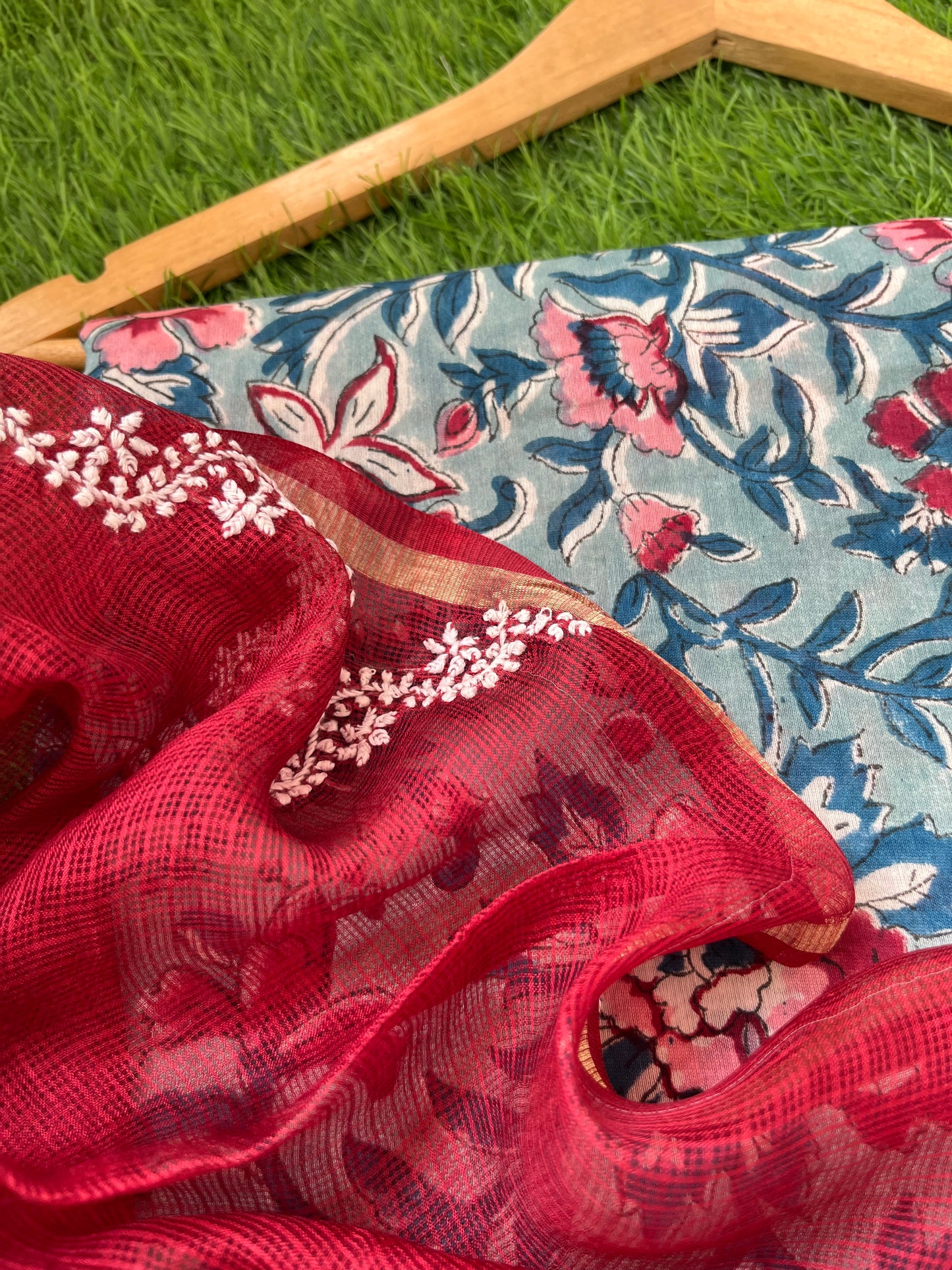 रोज़ाना :Kota Silk Chikankari Dupatta with chanderi block print kurta Fabric