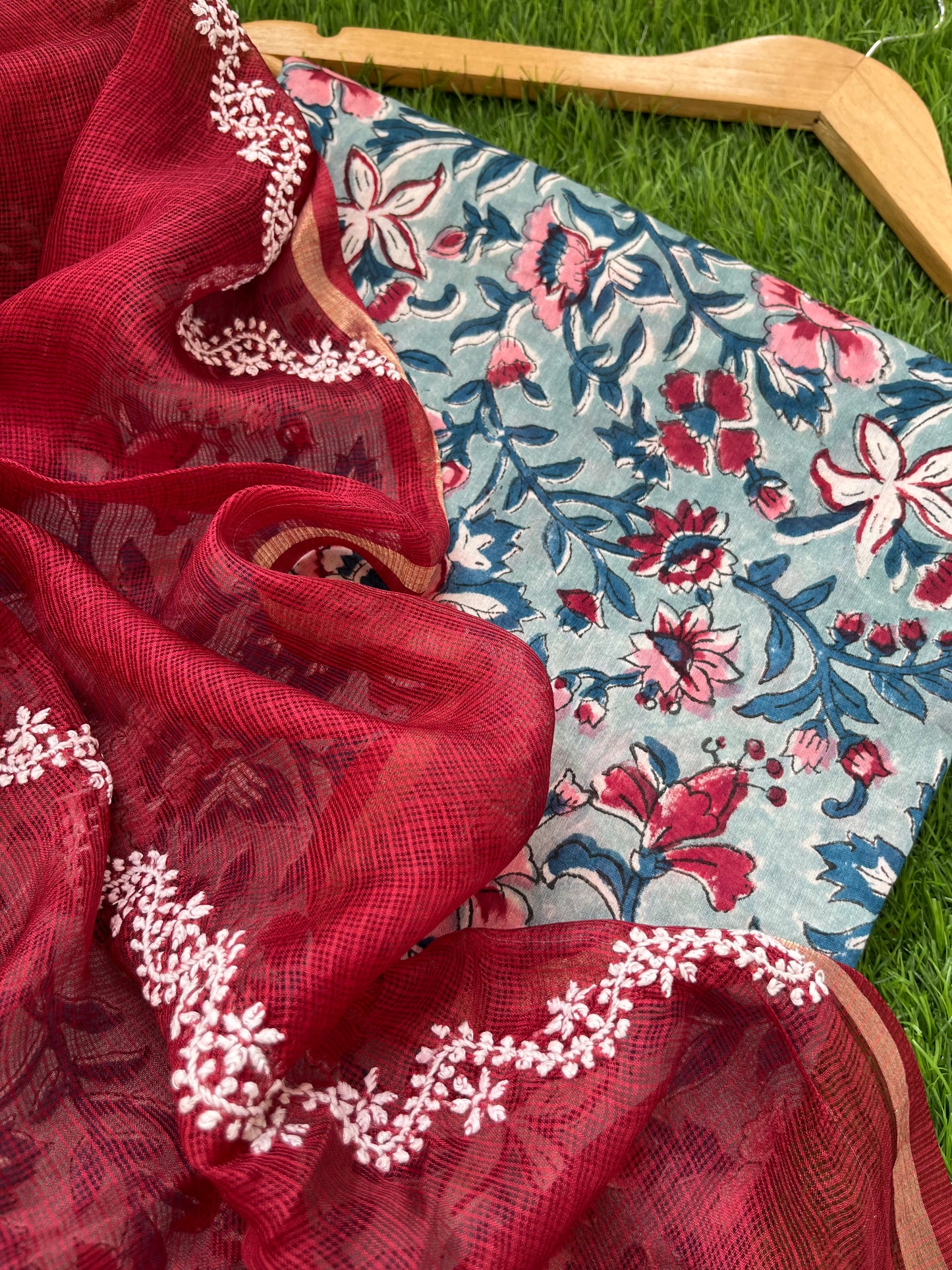 रोज़ाना :Kota Silk Chikankari Dupatta with chanderi block print kurta Fabric