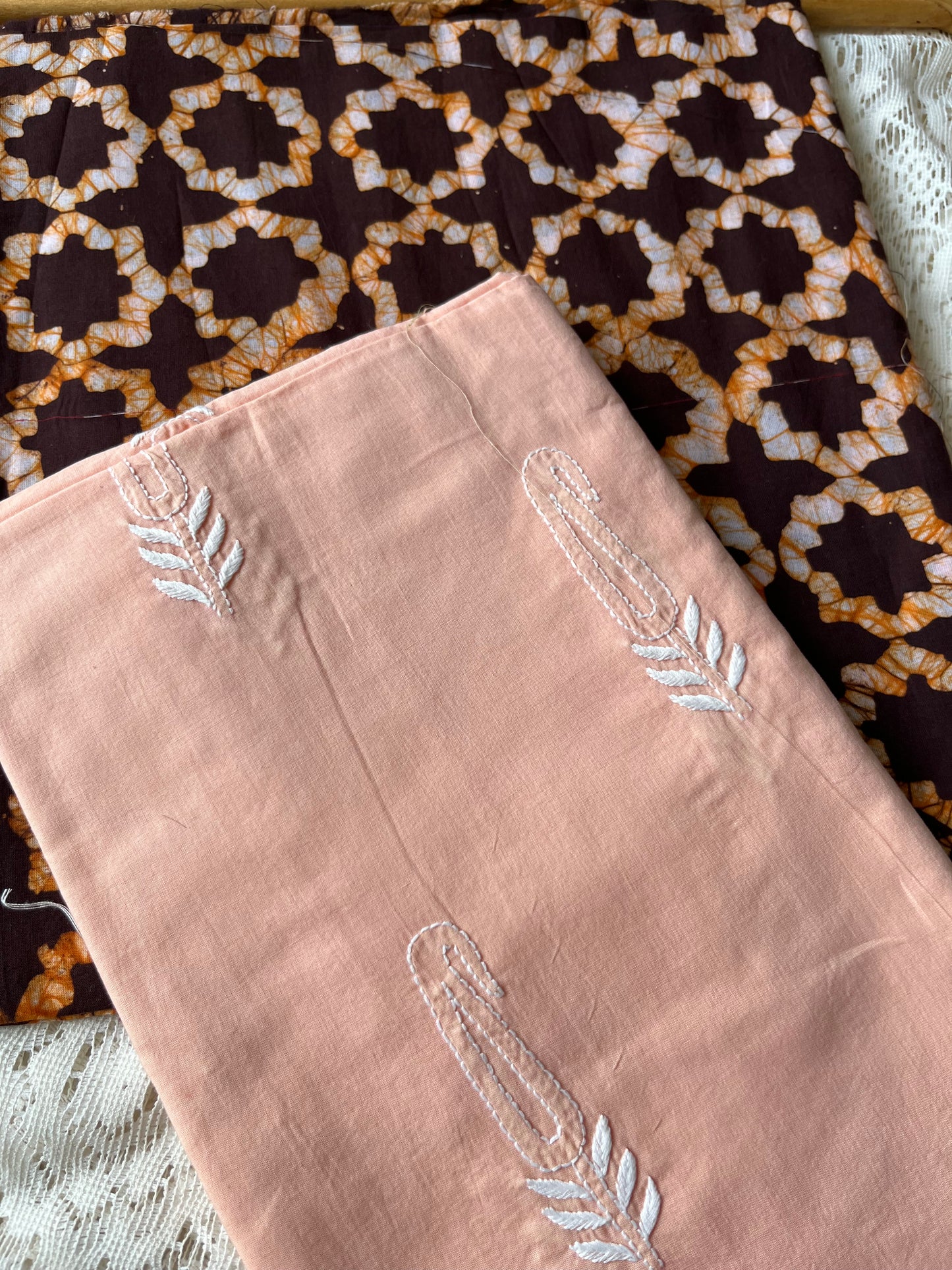 Cotton chikankari Bottom with a baatik kurta fabric