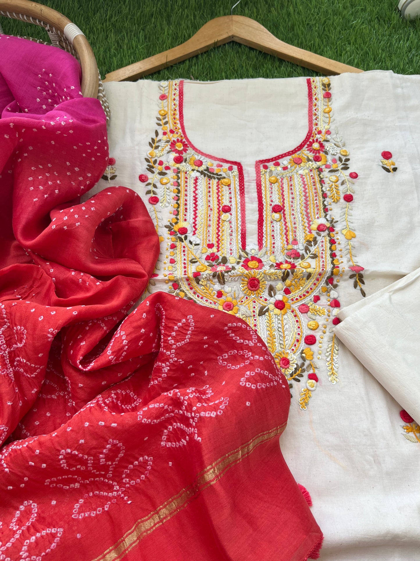 Handwoven Cotton knot work embroidered kurta bandhani dupatta and plain bottom fabric
