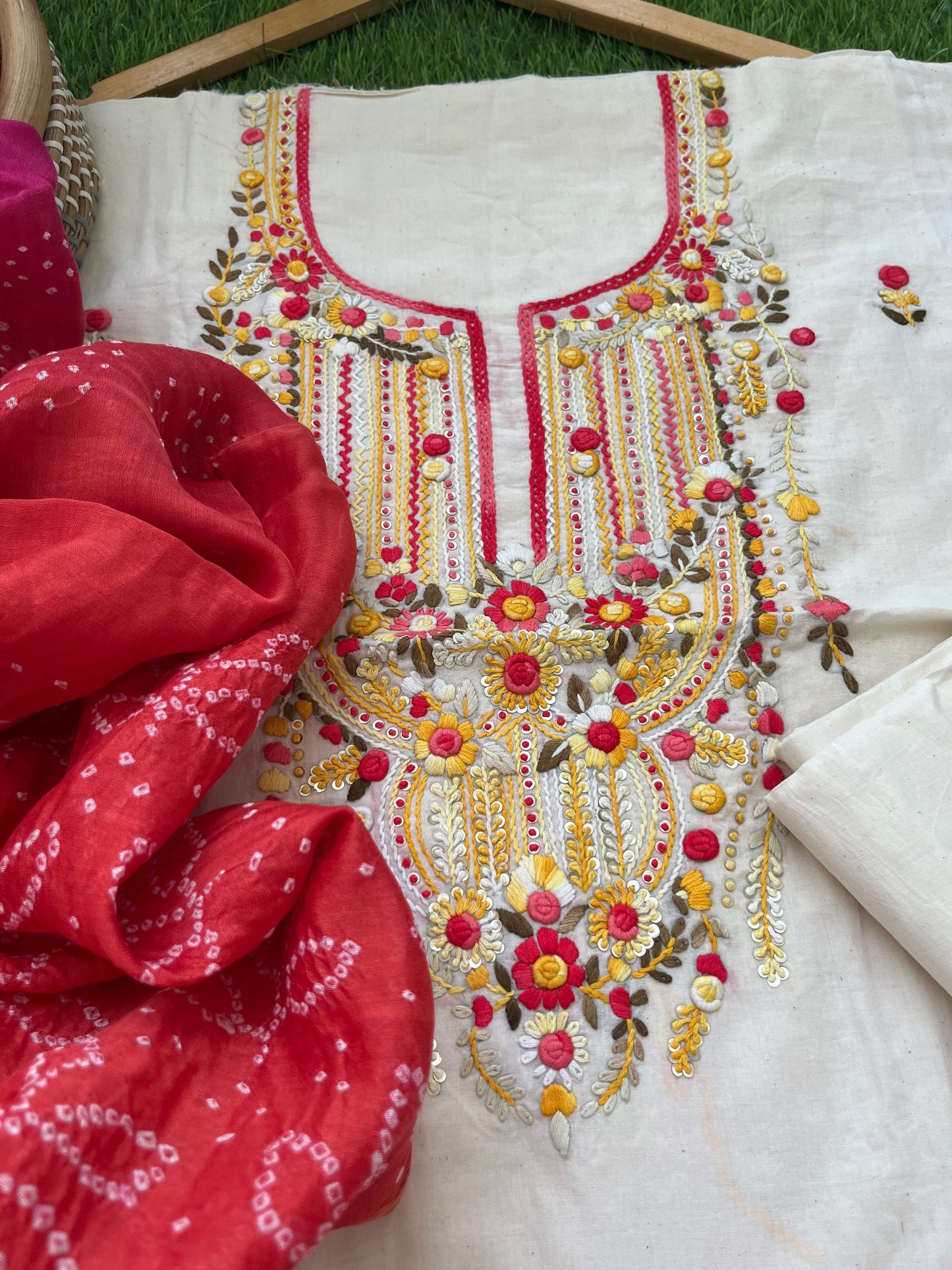 Handwoven Cotton knot work embroidered kurta bandhani dupatta and plain bottom fabric