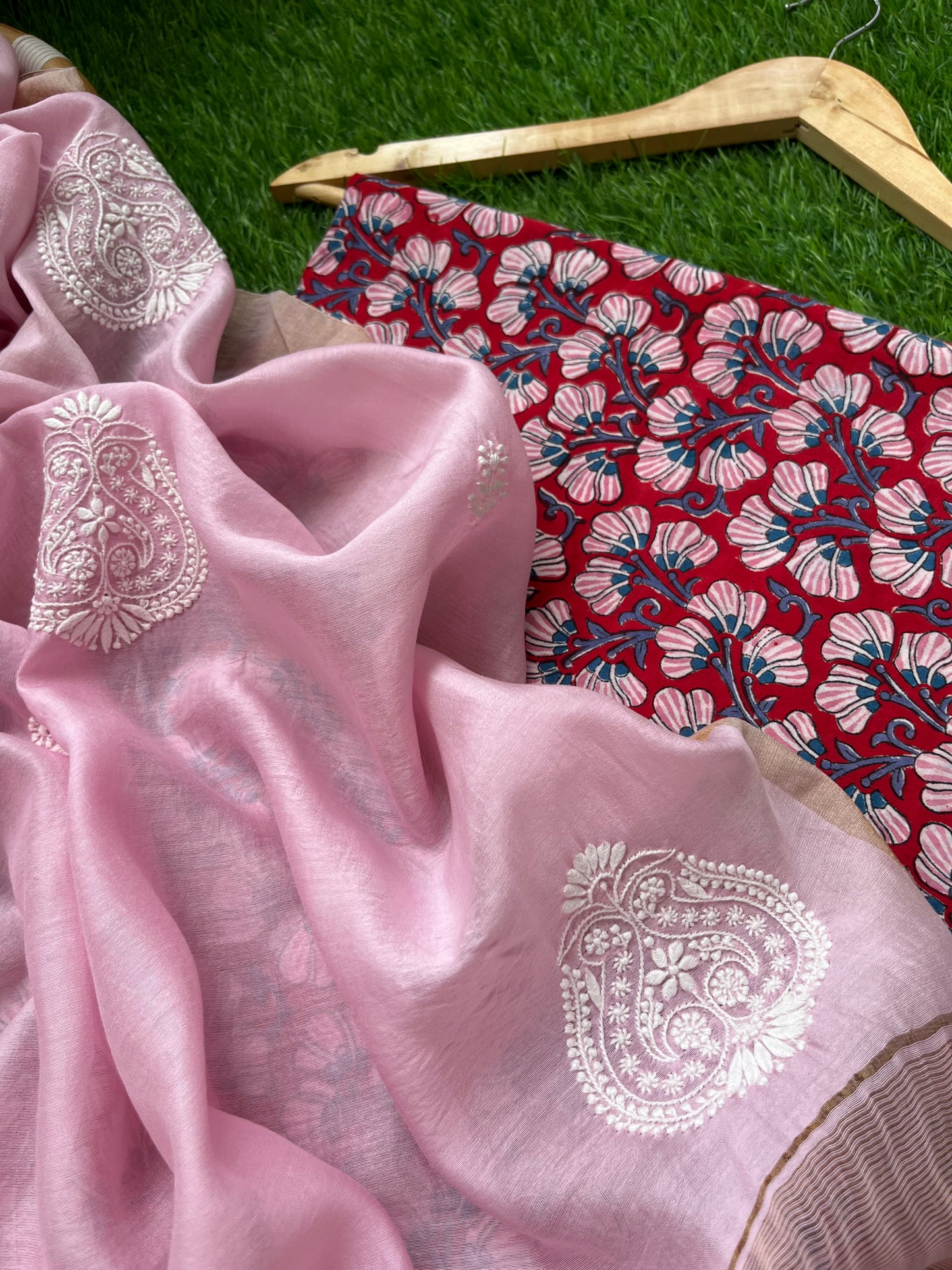 Chanderi Chikankari Dupatta with print kurta bottom Fabric