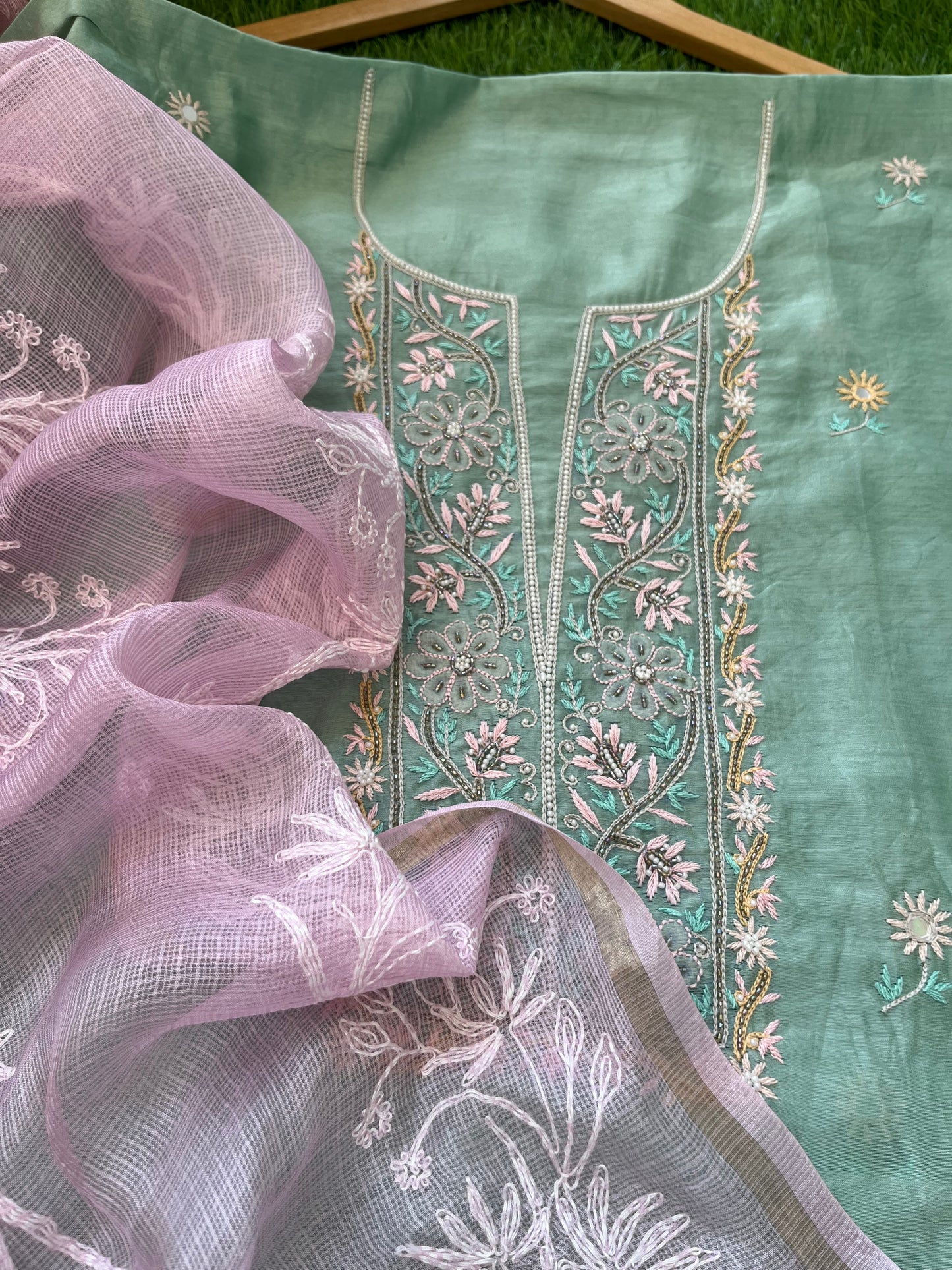 Hand embroidered chanderi kurta kota silk chikan work dupatta