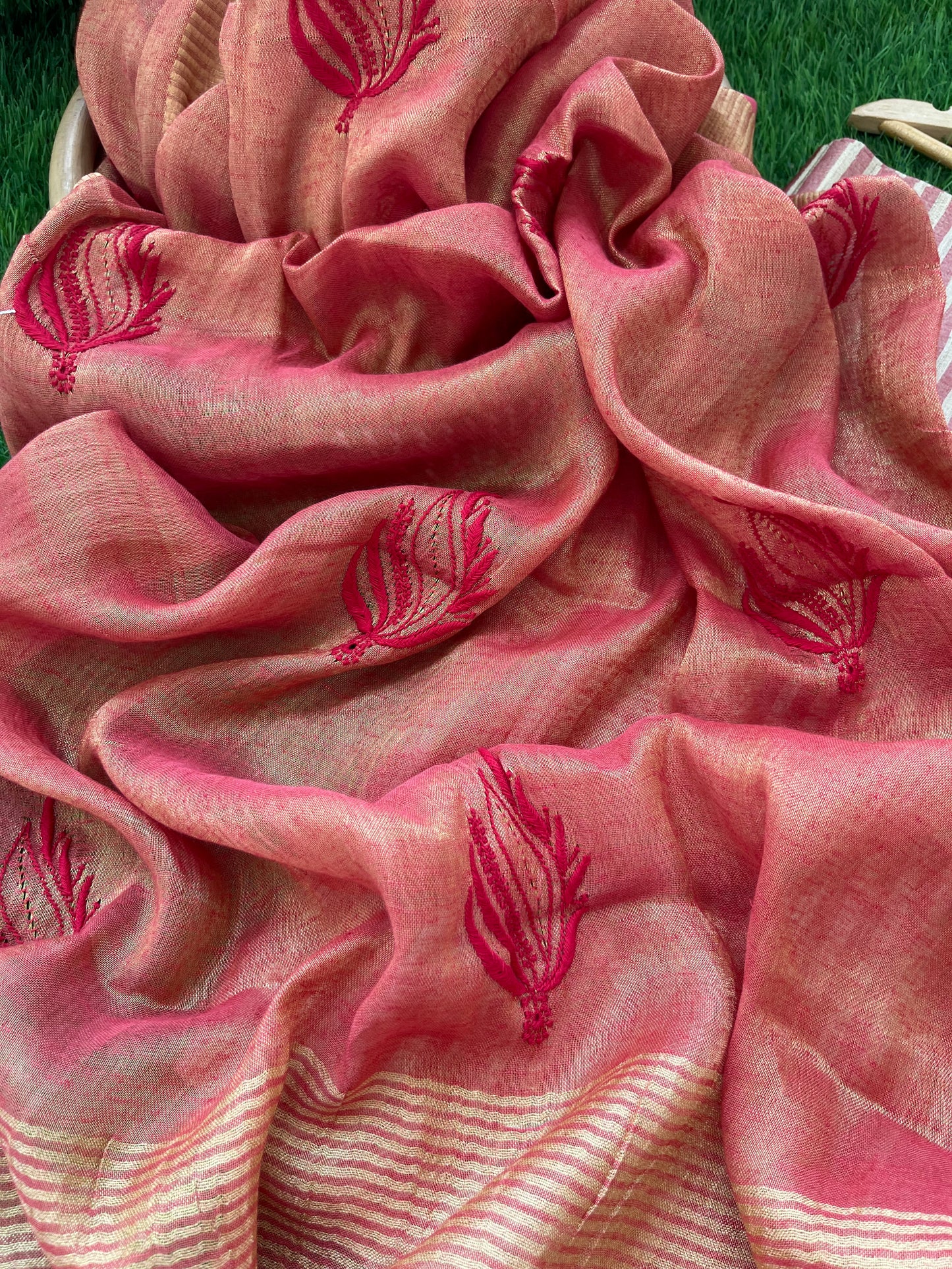 Striped silk kurta bottom fabric linen tissue chikan work dupatta