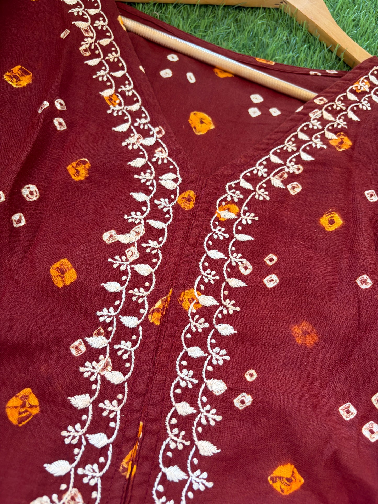 Cotton Bandhani chikan shirt and a-bottom