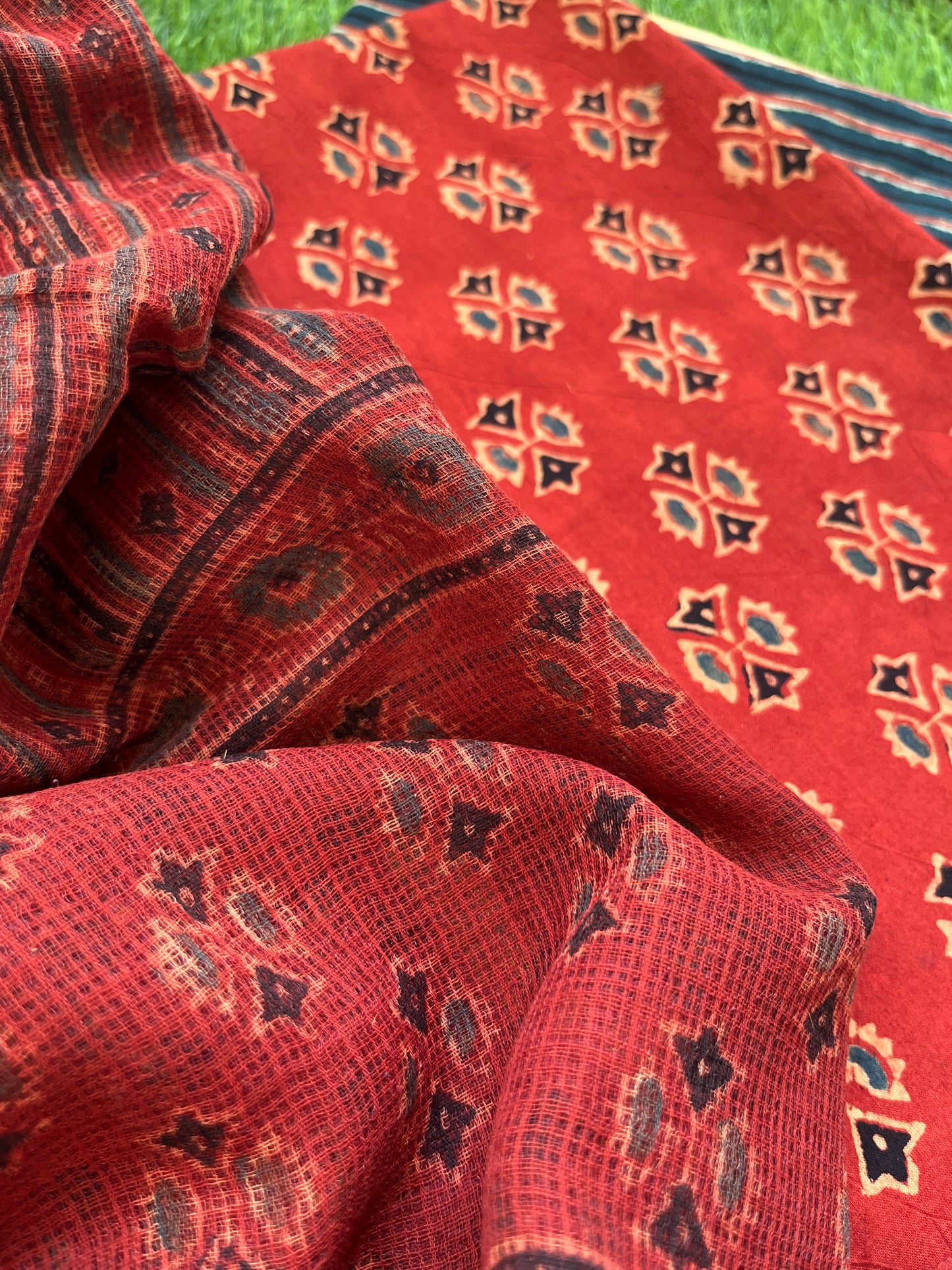 Ajrakh cotton Kurta bottom and kota doria dupatta