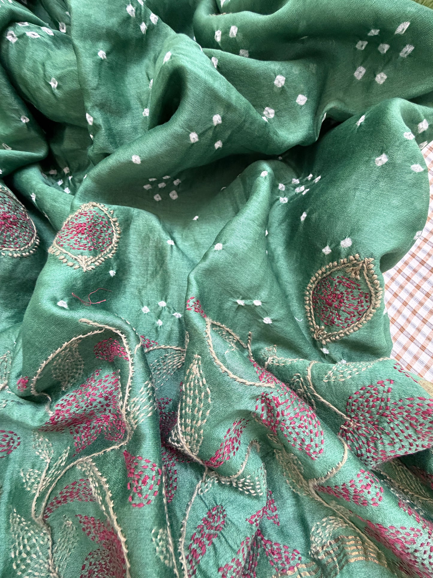 Khadi check kurta bottom pure chanderi bandhani chikankari dupatta