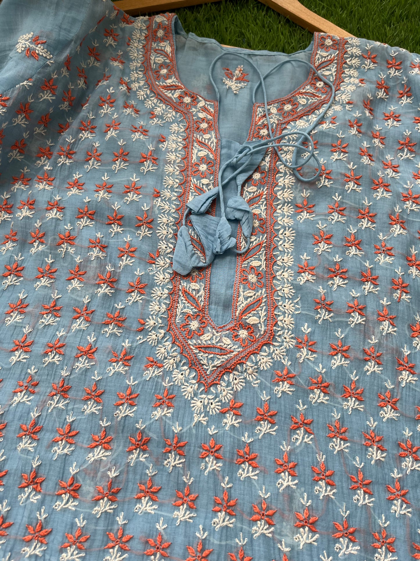 Chanderi Chikankari Kurta kota tissue Dupatta