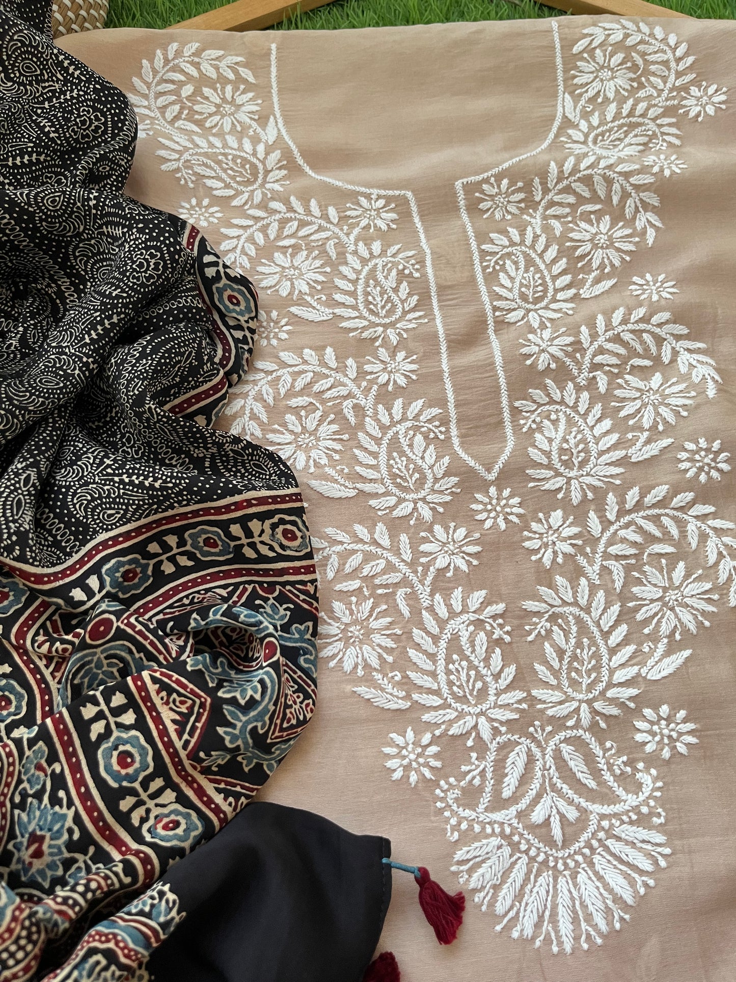 Chanderi Chikankari Kurta ajrakh Dupatta
