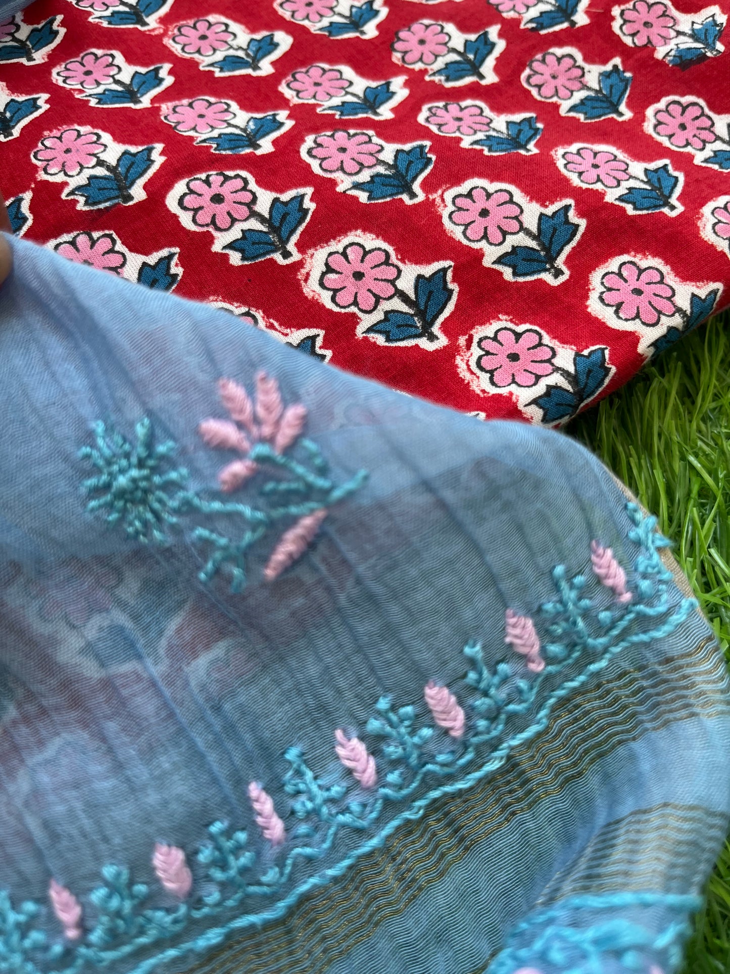 रोज़ाना :Chanderi Chikankari Dupatta with cotton block print kurta bottom Fabric