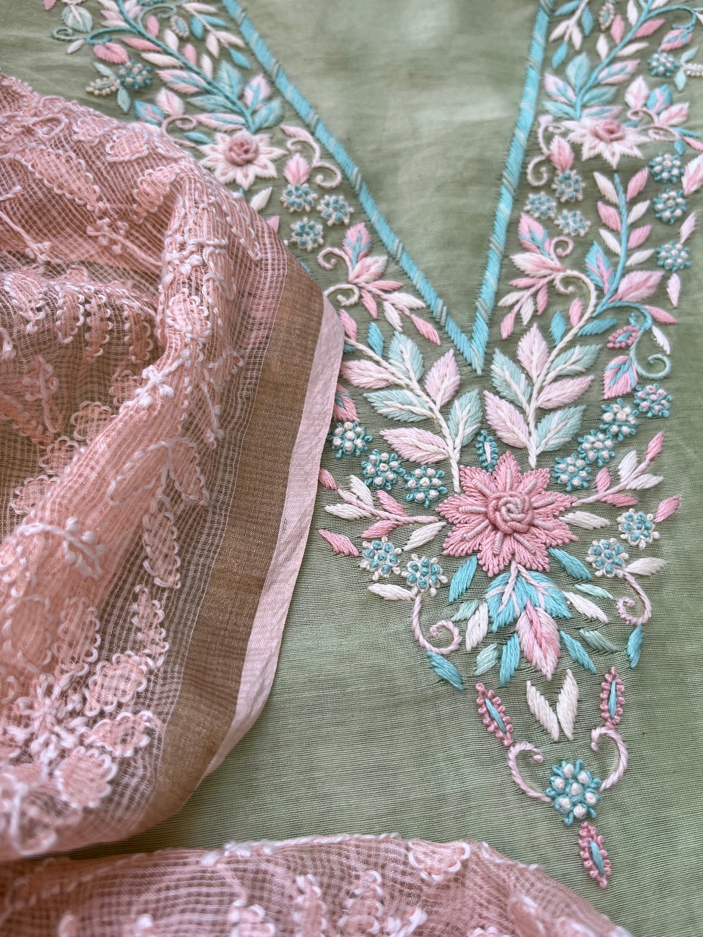 Hand embroidered chanderi kurta kota silk chikan work dupatta