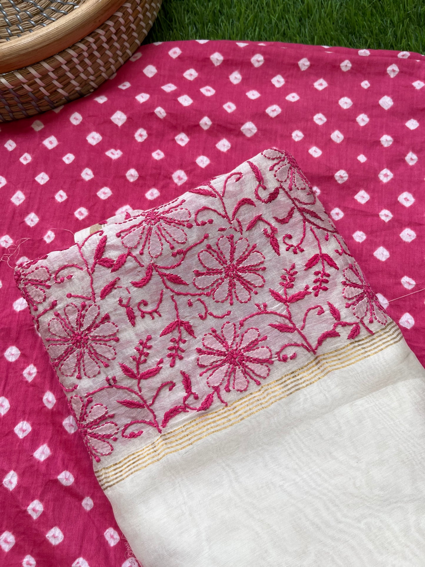 Cotton bandhani kurta fabric chanderi chikan work dupatta