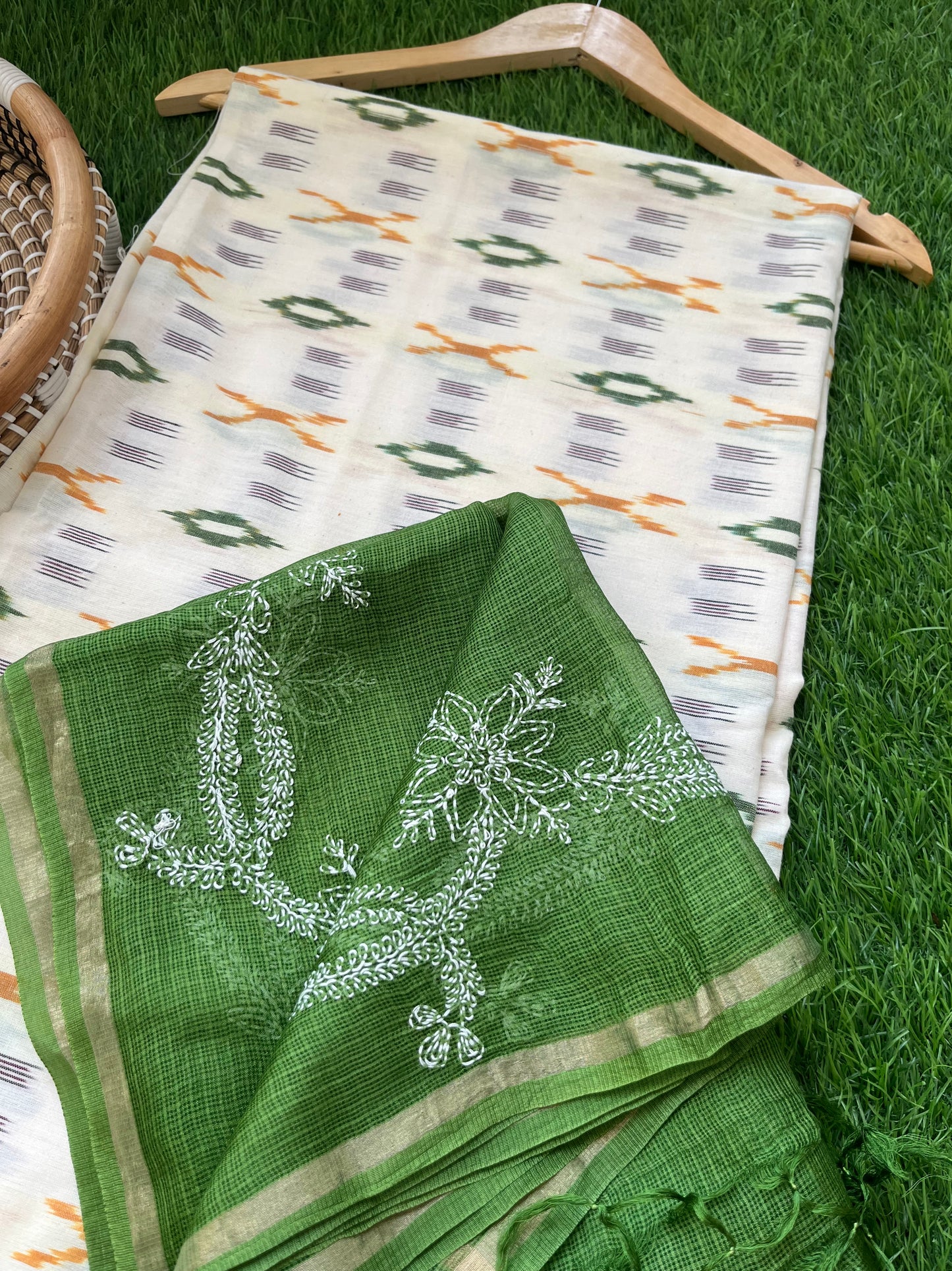 Kota silk Chikankari Dupatta with cotton ikkat kurta Fabric