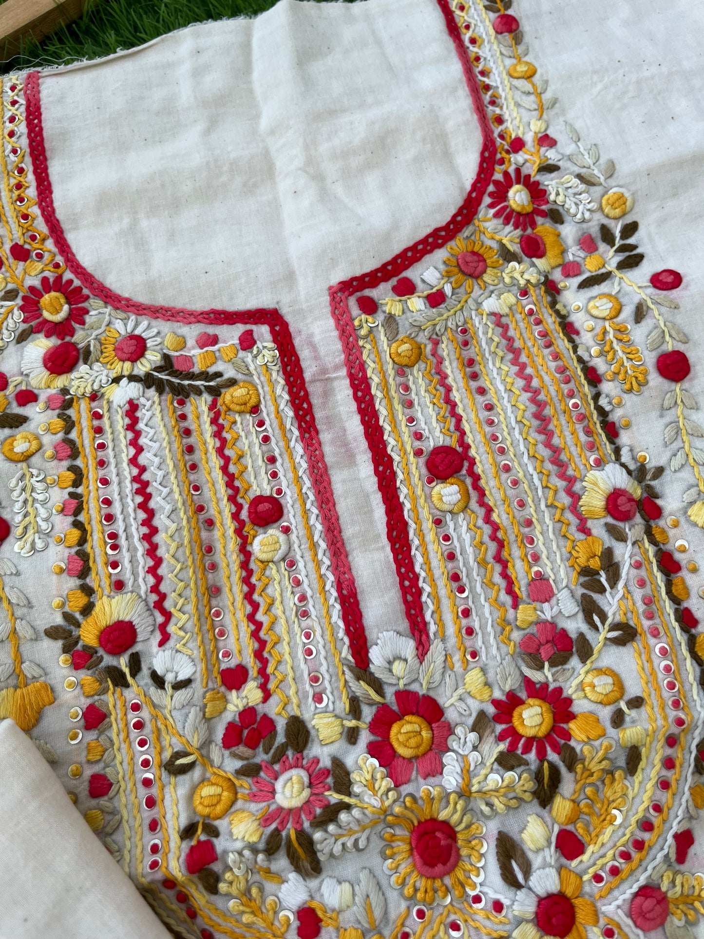 Handwoven Cotton knot work embroidered kurta dupatta and plain bottom fabric