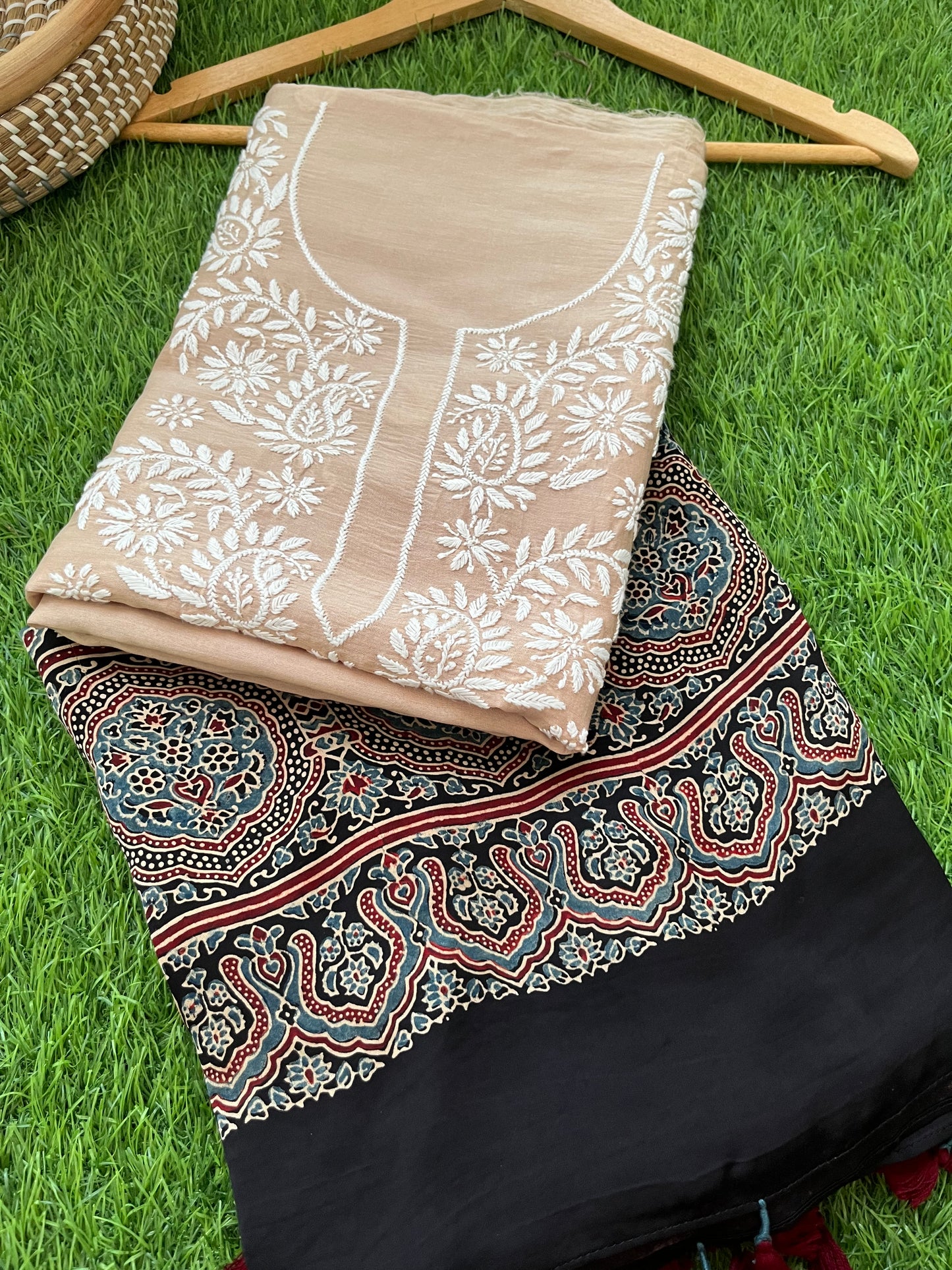 Chanderi Chikankari Kurta ajrakh Dupatta