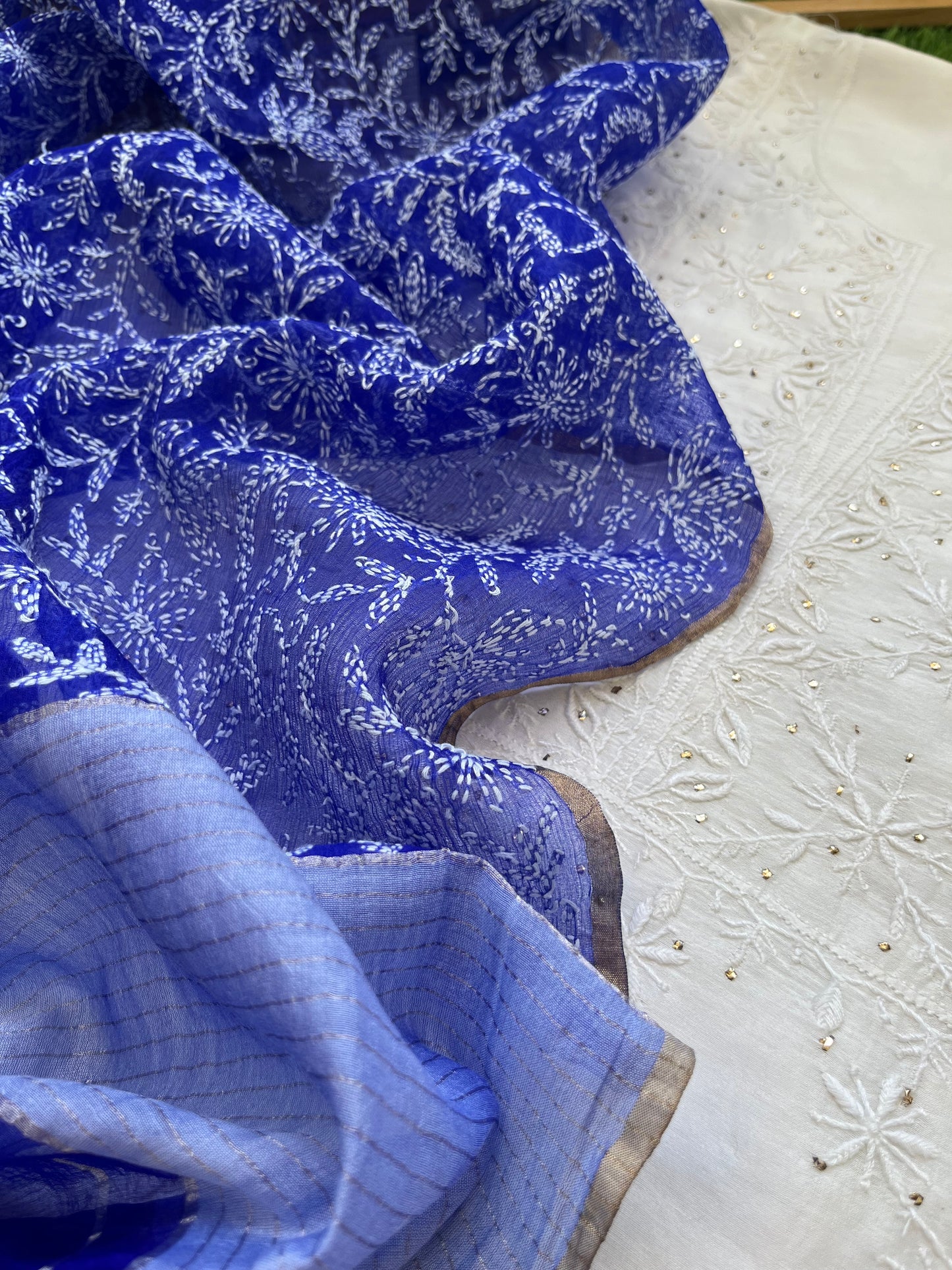 Chanderi Chikankari Kurta organza silk Dupatta