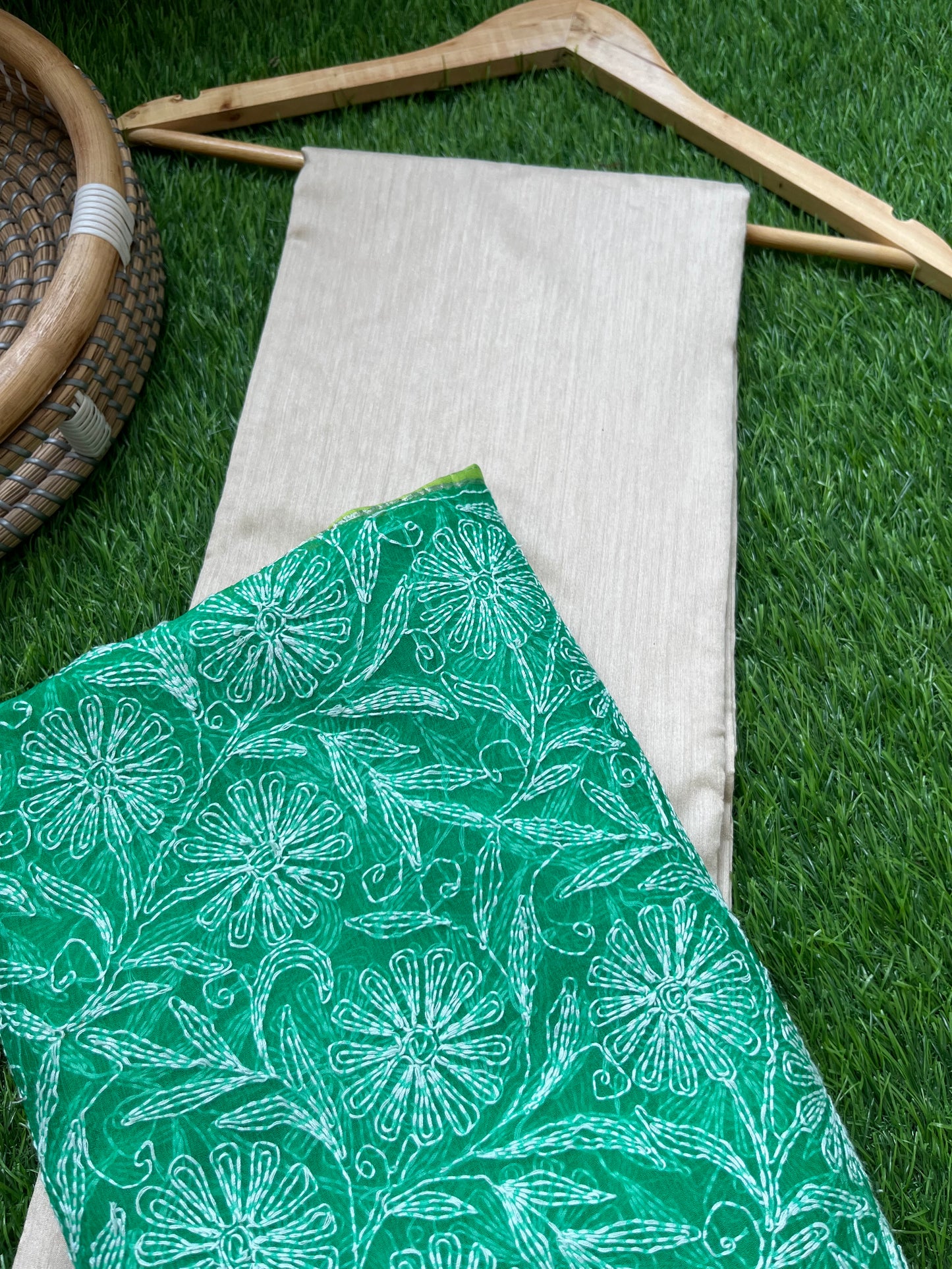 त्योहार - munga silk kurta bottom fabric organza chikan work dupatta