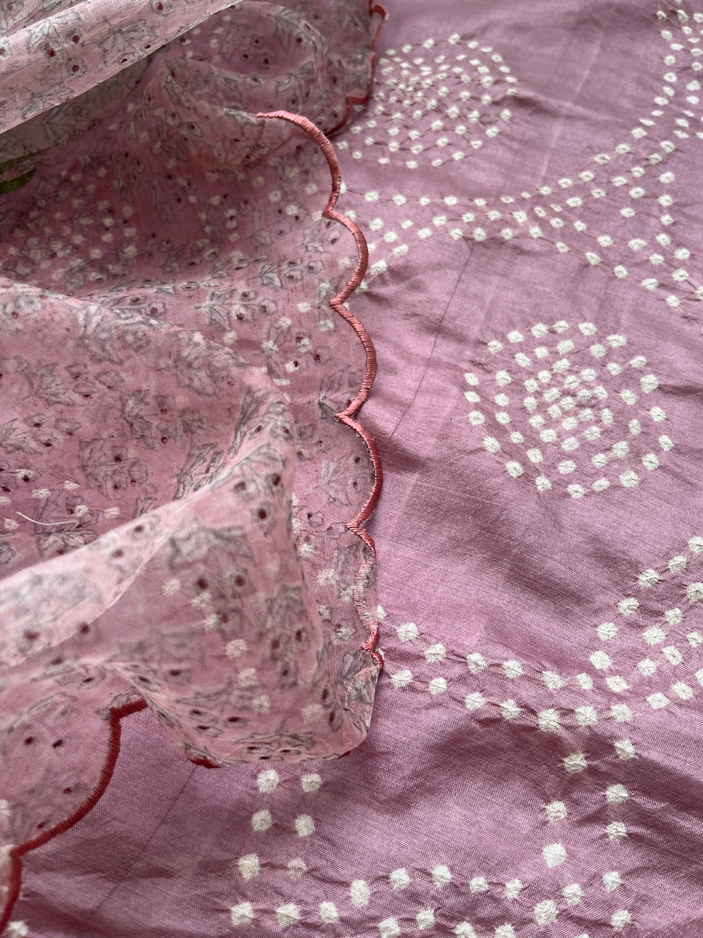 Mulberry Silk bandhani kurta organza block print dupatta