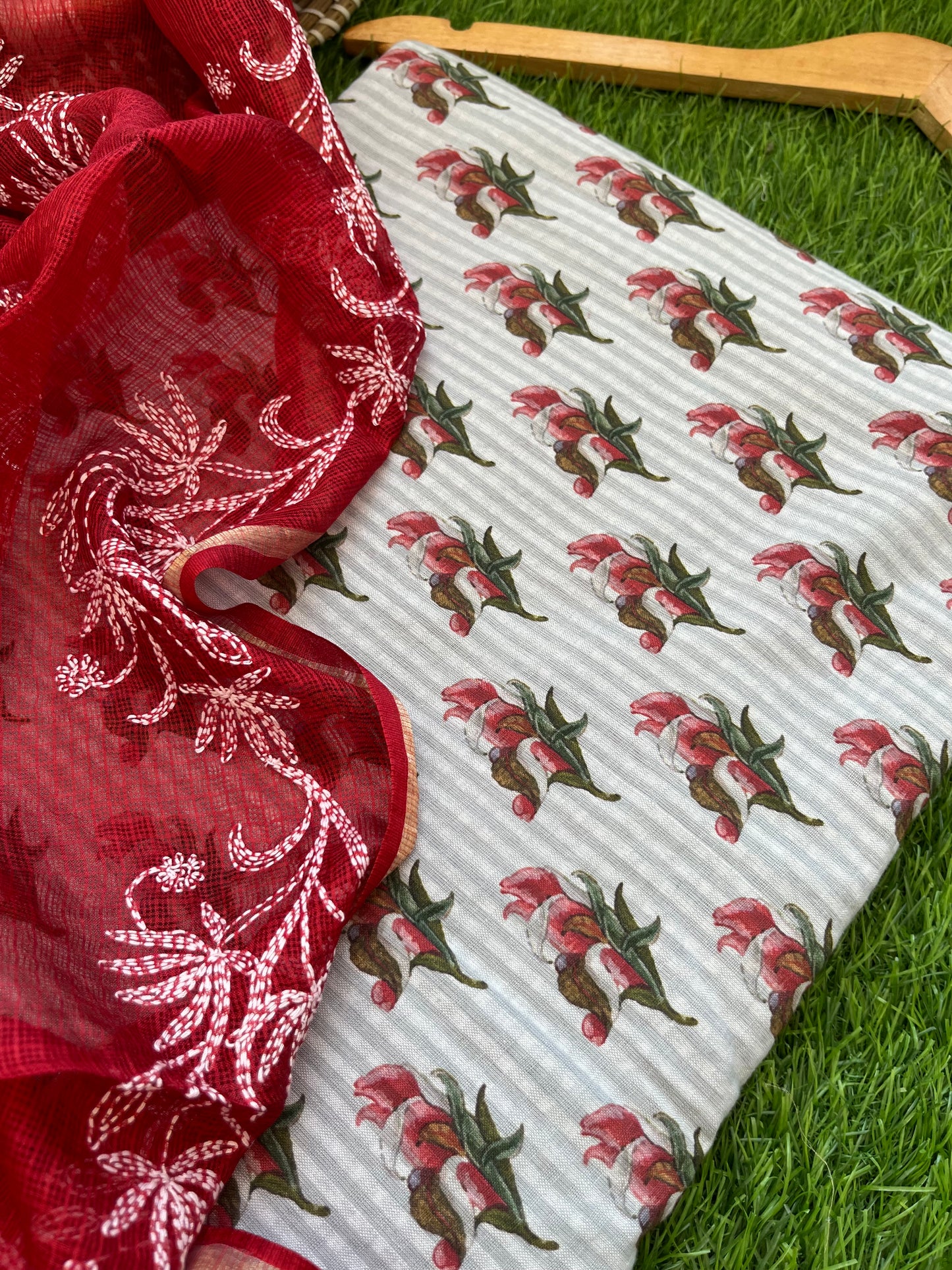 Chikankari kota silk Dupatta and block print kurta bottom Fabric