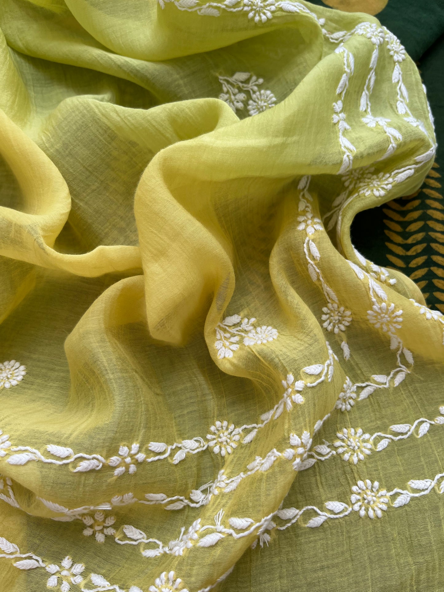 Chanderi Chikankari Dupatta with print kurta bottom Fabric