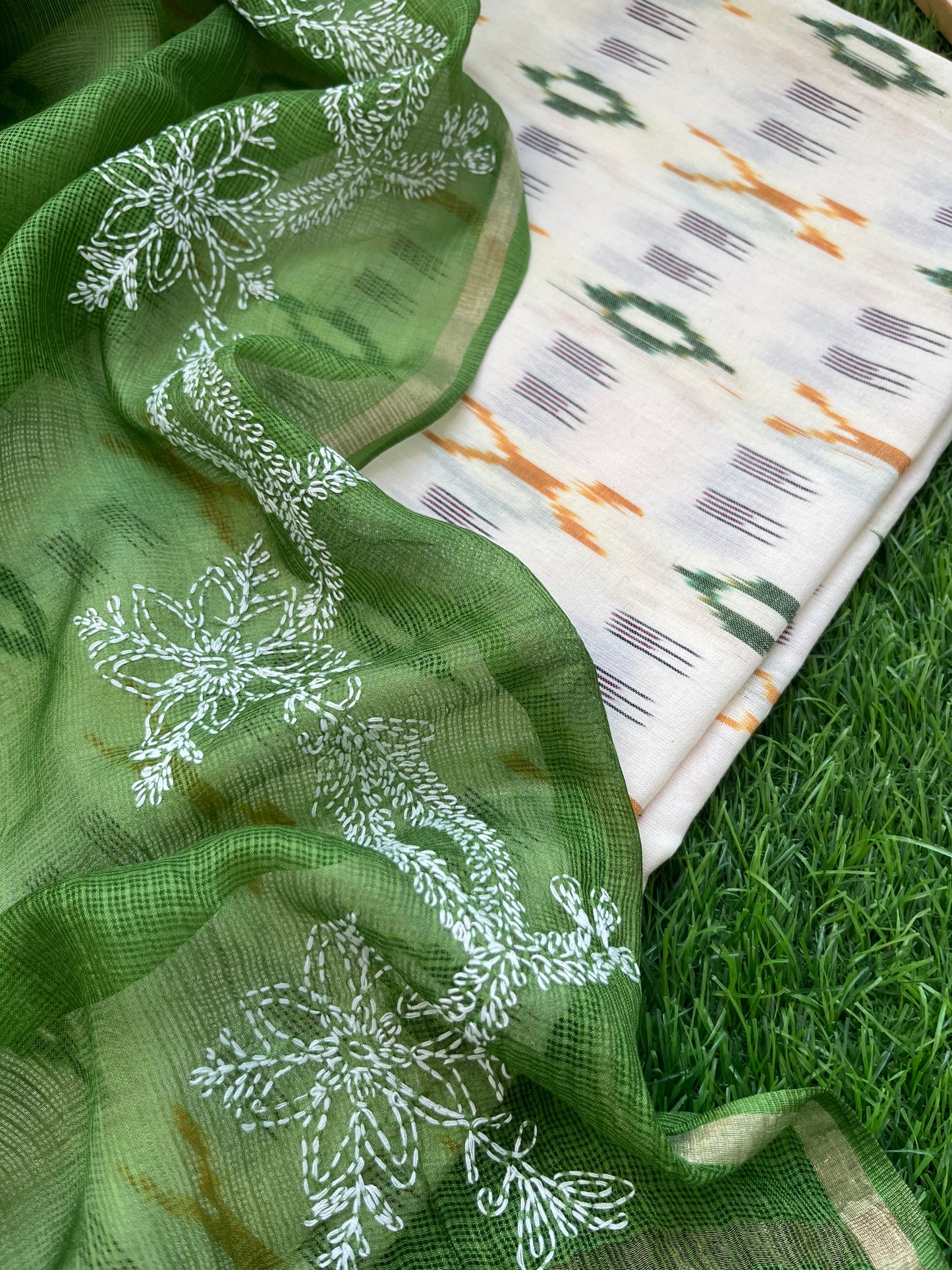 Kota silk Chikankari Dupatta with cotton ikkat kurta Fabric
