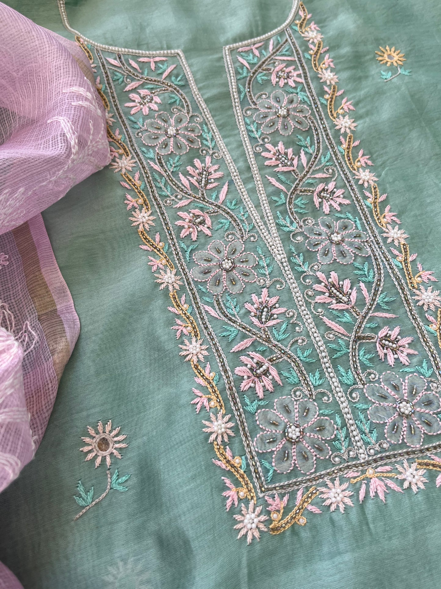 Hand embroidered chanderi kurta kota silk chikan work dupatta